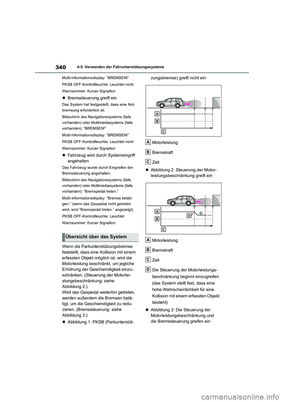 TOYOTA RAV4 2022 Betriebsanleitungen (in German) 3404-5. Verwenden der Fahrunterstützungssysteme
Multi-Informationsdisplay: “BREMSEN!”
PKSB OFF-Kontrollleuchte: Leuchtet nicht
Warnsummer: Kurzer Signalton
Bremssteuerung greift ein
Das System TOYOTA RAV4 2022 Betriebsanleitungen (in German) 3404-5. Verwenden der Fahrunterstützungssysteme
Multi-Informationsdisplay: “BREMSEN!”
PKSB OFF-Kontrollleuchte: Leuchtet nicht
Warnsummer: Kurzer Signalton
Bremssteuerung greift ein
Das System
