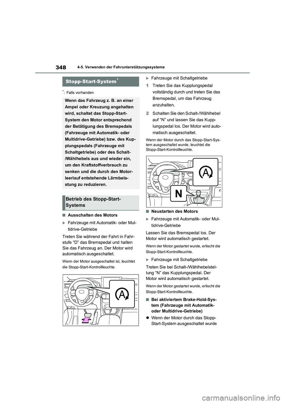 TOYOTA RAV4 2022  Betriebsanleitungen (in German) 3484-5. Verwenden der Fahrunterstützungssysteme
*: Falls vorhanden
�QAusschalten des Motors
Fahrzeuge mit Automatik- oder Mul-
tidrive-Getriebe
Treten Sie während der Fahrt in Fahr-
stufe “D”