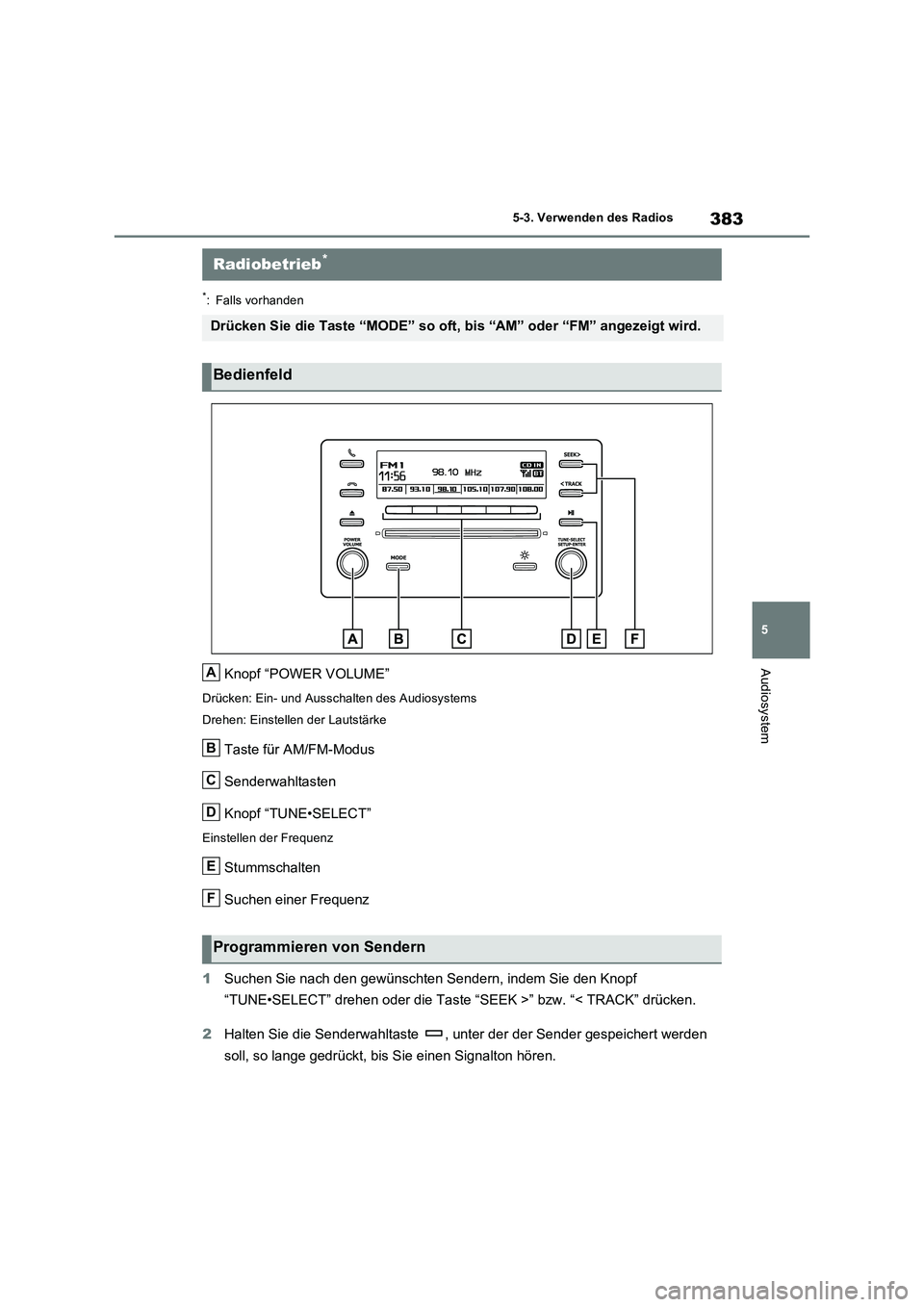 TOYOTA RAV4 2022  Betriebsanleitungen (in German) 383
5 5-3. Verwenden des Radios
Audiosystem
5-3.Verwenden  de s  Radios
*: Falls vorhanden
Knopf “POWER VOLUME”
Drücken: Ein- und Ausschalten des Audiosystems
Drehen: Einstellen der Lautstärke
T