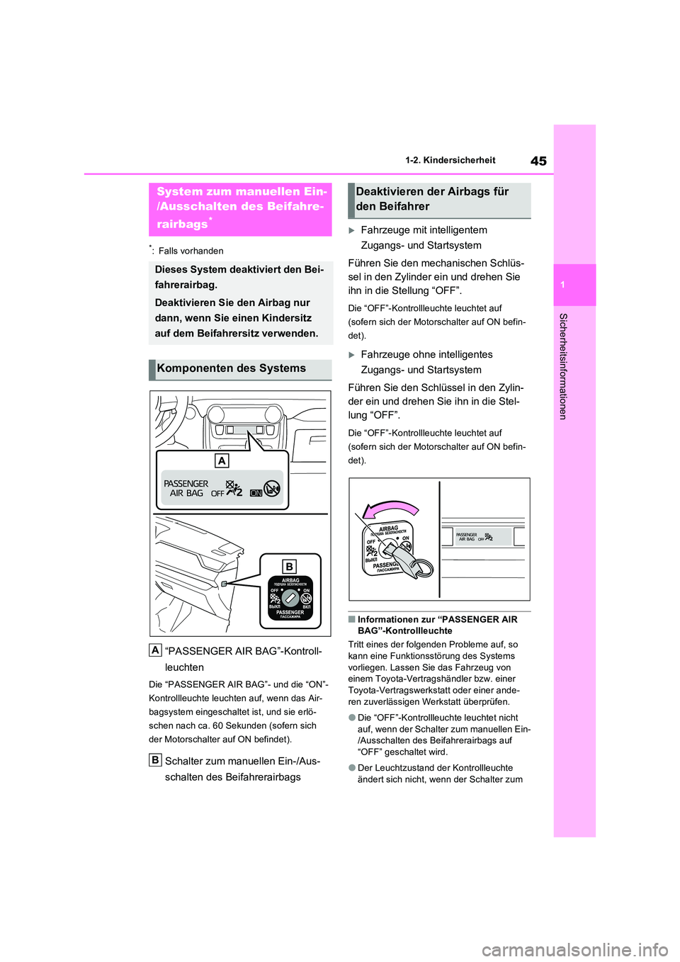 TOYOTA RAV4 2022  Betriebsanleitungen (in German) 45
1 
1-2. Kindersicherheit
Sicherheitsinformationen
1-2.Kin dersic herheit
*: Falls vorhanden
“PASSENGER AIR BAG”-Kontroll- 
leuchten
Die “PASSENGER AIR BAG”- und die “ON”- 
Kontrollleuch