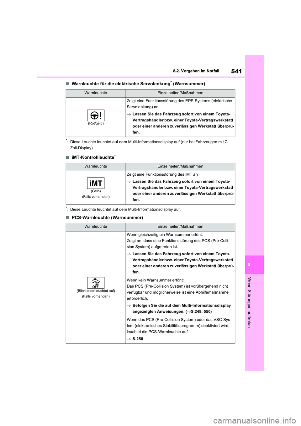 TOYOTA RAV4 2022  Betriebsanleitungen (in German) 541
8 
8-2. Vorgehen im Notfall
Wenn Störungen auftreten
�QWarnleuchte für die elektrische Servolenkung* (Warnsummer)
*: Diese Leuchte leuchtet auf dem Multi-Informationsdisplay auf (nur bei Fahrzeu