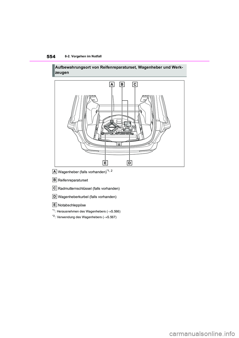 TOYOTA RAV4 2022  Betriebsanleitungen (in German) 5548-2. Vorgehen im Notfall
Wagenheber (falls vorhanden)*1, 2
Reifenreparaturset 
Radmutternschlüssel (falls vorhanden)
Wagenheberkurbel (falls vorhanden) 
Notabschleppöse
*1: Herausnehmen des Wagen