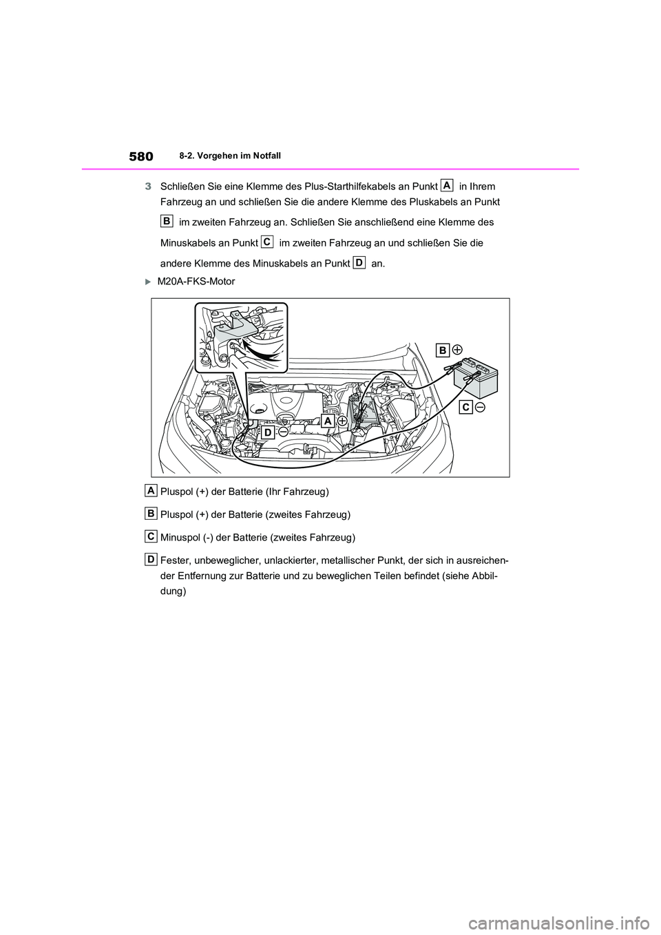 TOYOTA RAV4 2022  Betriebsanleitungen (in German) 5808-2. Vorgehen im Notfall
3Schließen Sie eine Klemme des Plus-Starthilfekabels an Punkt   in Ihrem  
Fahrzeug an und schließen Sie die andere Klemme des Pluskabels an Punkt  
 im zweiten Fahrzeug 