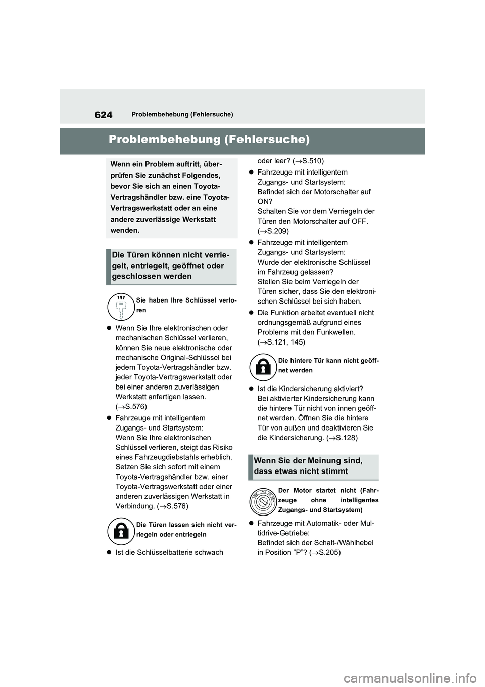 TOYOTA RAV4 2022  Betriebsanleitungen (in German) 624Problembehebung (Fehlersuche)
1-1.Pro ble mb eheb ung (Fe hle rsu che)Problembehebung (Fehlersuche)
Wenn Sie Ihre elektronischen oder 
mechanischen Schlüssel verlieren, 
können Sie neue elektr