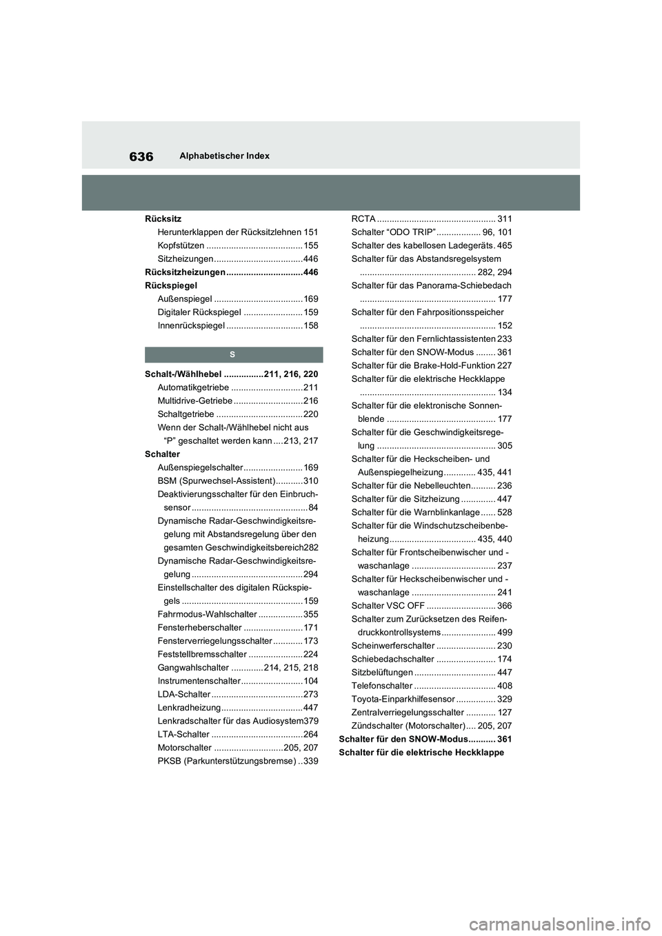 TOYOTA RAV4 2022 Betriebsanleitungen (in German) 636Alphabetischer Index
Rücksitz
Herunterklappen der Rücksitzlehnen 151
Kopfstützen ....................................... 155
Sitzheizungen .................................... 446
Rücksitzheizu TOYOTA RAV4 2022 Betriebsanleitungen (in German) 636Alphabetischer Index
Rücksitz
Herunterklappen der Rücksitzlehnen 151
Kopfstützen ....................................... 155
Sitzheizungen .................................... 446
Rücksitzheizu
