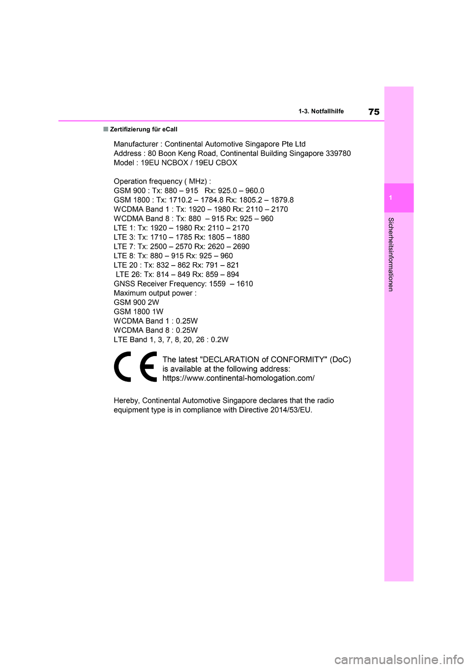 TOYOTA RAV4 2022  Betriebsanleitungen (in German) 75
1 
1-3. Notfallhilfe
Sicherheitsinformationen
�QZertifizierung für eCall 