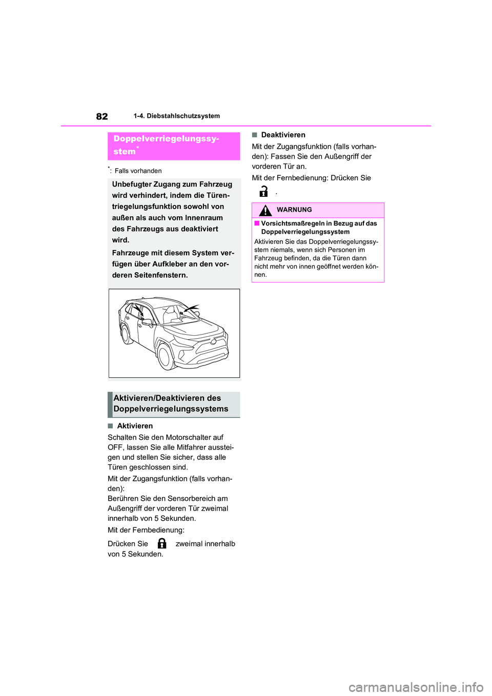 TOYOTA RAV4 2022  Betriebsanleitungen (in German) 821-4. Diebstahlschutzsystem
*: Falls vorhanden
�QAktivieren 
Schalten Sie den Motorschalter auf  
OFF, lassen Sie alle Mitfahrer ausstei-
gen und stellen Sie sicher, dass alle 
Türen geschlossen sin