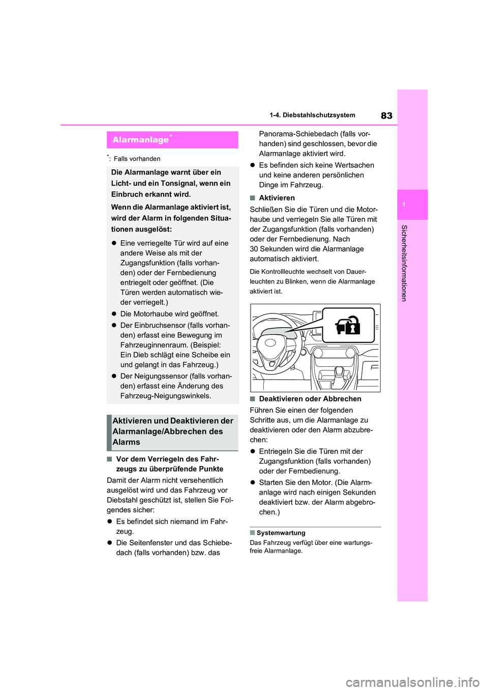 TOYOTA RAV4 2022  Betriebsanleitungen (in German) 83
1 
1-4. Diebstahlschutzsystem
Sicherheitsinformationen
*: Falls vorhanden
�QVor dem Verriegeln des Fahr- 
zeugs zu überprüfende Punkte 
Damit der Alarm nicht versehentlich  
ausgelöst wird und d