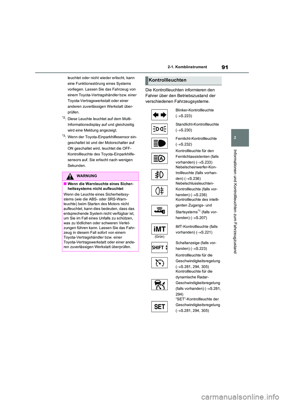 TOYOTA RAV4 2022  Betriebsanleitungen (in German) 91
2 
2-1. Kombiinstrument
Informationen und Kontrollleuchten zum Fahrzeugzustand
leuchtet oder nicht wieder erlischt, kann  
eine Funktionsstörung eines Systems 
vorliegen. Lassen Sie das Fahrzeug v