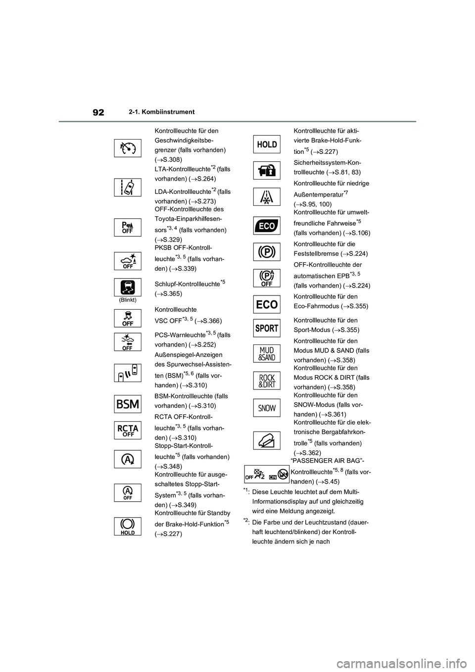 TOYOTA RAV4 2022  Betriebsanleitungen (in German) 922-1. Kombiinstrument
*1: Diese Leuchte leuchtet auf dem Multi-
Informationsdisplay auf und gleichzeitig 
wird eine Meldung angezeigt.
*2: Die Farbe und der Leuchtzustand (dauer-
haft leuchtend/blink