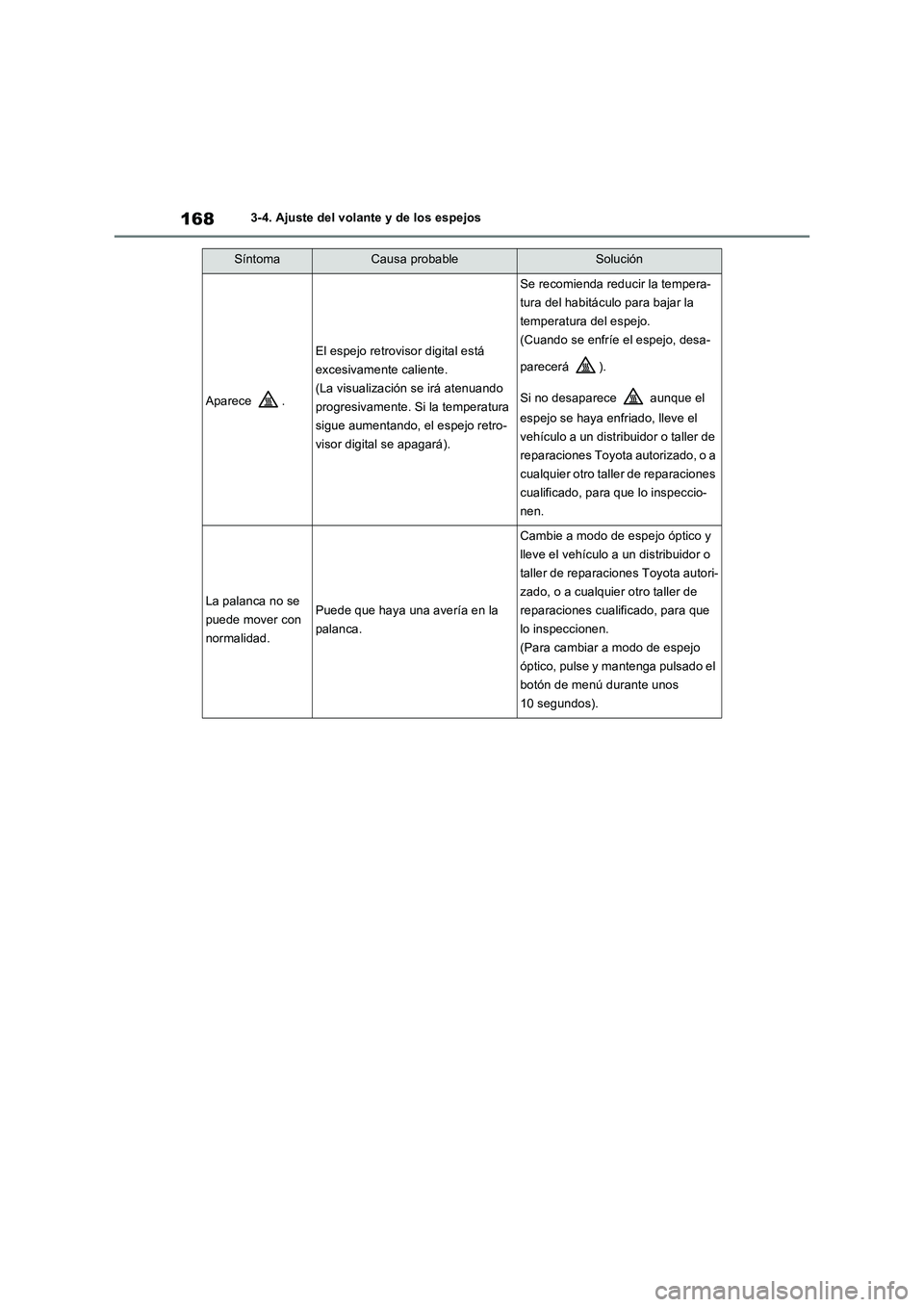 TOYOTA RAV4 2022  Manual del propietario (in Spanish) 1683-4. Ajuste del volante y de los espejos
Aparece .
El espejo retrovisor digital está 
excesivamente caliente.
(La visualización se irá atenuando 
progresivamente. Si la temperatura 
sigue aument