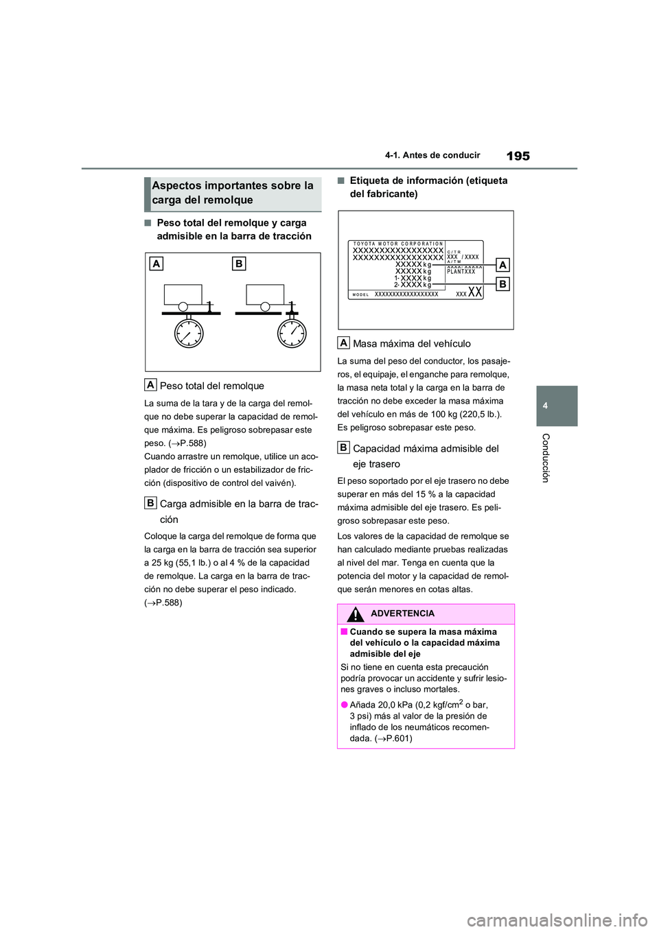 TOYOTA RAV4 2022  Manual del propietario (in Spanish) 195
4 
4-1. Antes de conducir
Conducción
�QPeso total del remolque y carga  
admisible en la barra de tracción 
Peso total del remolque
La suma de la tara y de la carga del remol- 
que no debe super