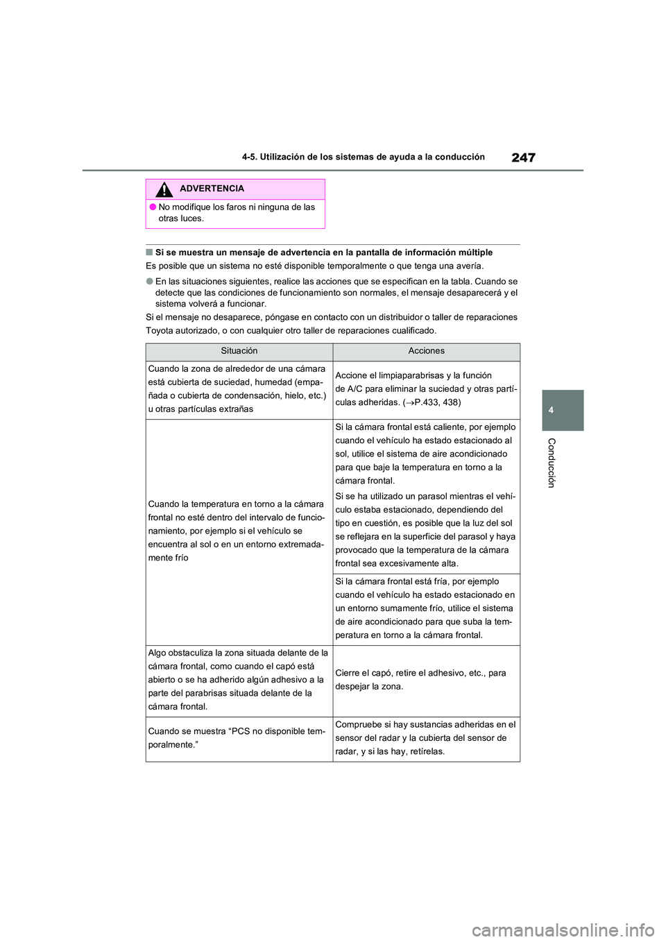 TOYOTA RAV4 2022  Manual del propietario (in Spanish) 247
4 
4-5. Utilización de los sistemas de ayuda a la conducción
Conducción
�QSi se muestra un mensaje de advertencia en la pantalla de información múltiple 
Es posible que un sistema no esté di