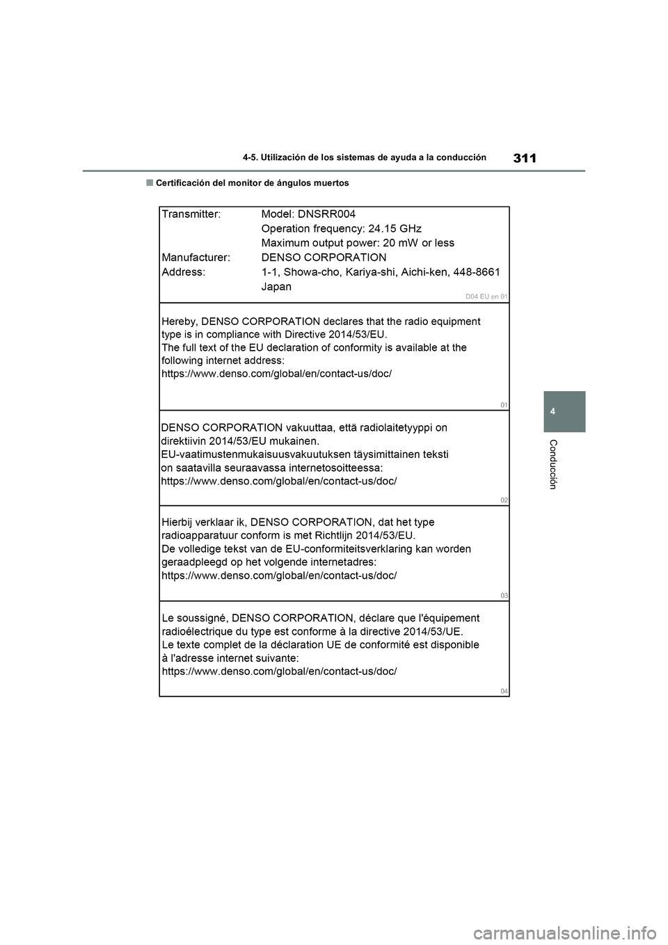 TOYOTA RAV4 2022  Manual del propietario (in Spanish) 311
4 4-5. Utilización de los sistemas de ayuda a la conducción
Conducción
�QCertificación del monitor de ángulos muertos 