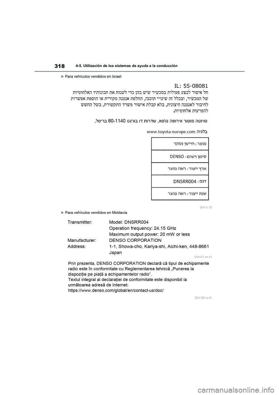 TOYOTA RAV4 2022  Manual del propietario (in Spanish) 3184-5. Utilización de los sistemas de ayuda a la conducción
Para vehículos vendidos en Israel
Para vehículos vendidos en Moldavia 