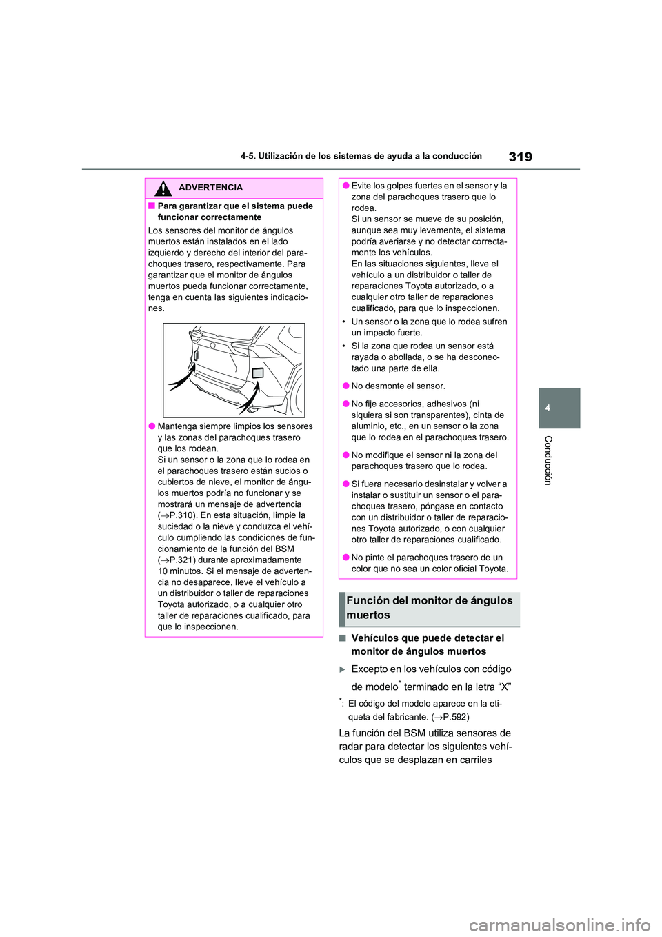 TOYOTA RAV4 2022  Manual del propietario (in Spanish) 319
4 
4-5. Utilización de los sistemas de ayuda a la conducción
Conducción
�QVehículos que puede detectar el  
monitor de ángulos muertos
Excepto en los vehículos con código  
de modelo* te