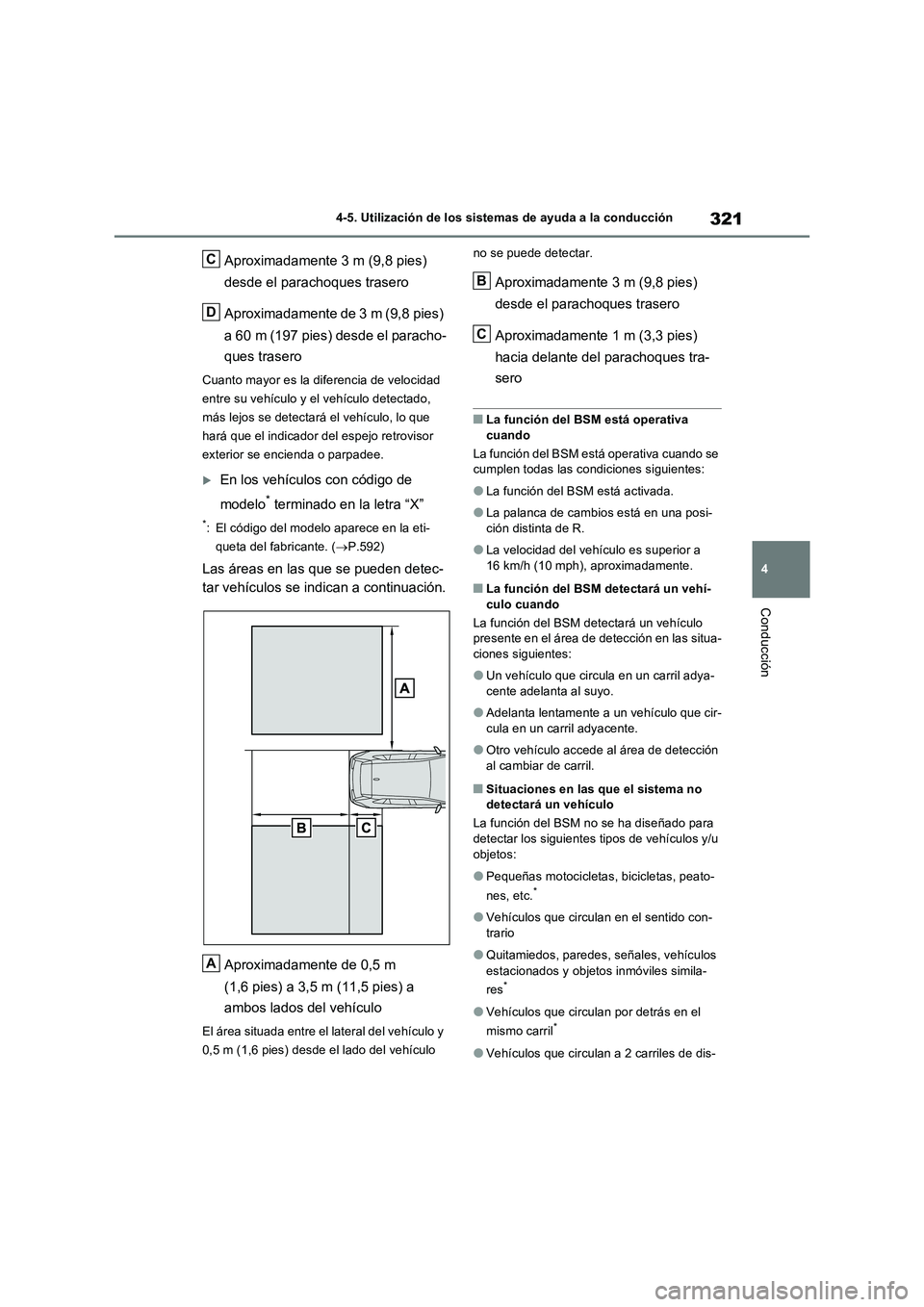 TOYOTA RAV4 2022  Manual del propietario (in Spanish) 321
4 
4-5. Utilización de los sistemas de ayuda a la conducción
Conducción
Aproximadamente 3 m (9,8 pies)  
desde el parachoques trasero 
Aproximadamente de 3 m (9,8 pies)  
a 60 m (197 pies) desd