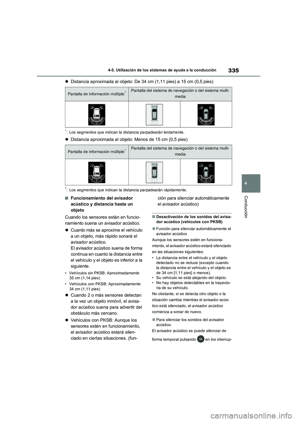 TOYOTA RAV4 2022  Manual del propietario (in Spanish) 335
4 4-5. Utilización de los sistemas de ayuda a la conducción
Conducción
Distancia aproximada al objeto: De 34 cm (1,11 pies) a 15 cm (0,5 pies)
*: Los segmentos que indican la distancia parpa