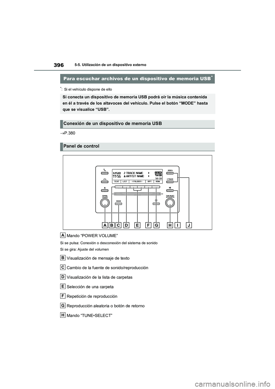 TOYOTA RAV4 2022  Manual del propietario (in Spanish) 3965-5. Utilización de un dispositivo externo
*: Si el vehículo dispone de ello
P.380
Mando “POWER VOLUME”
Si se pulsa: Conexión o desconexión del sistema de sonido
Si se gira: Ajuste del v