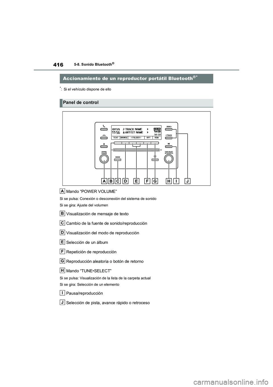 TOYOTA RAV4 2022  Manual del propietario (in Spanish) 4165-8. Sonido Bluetooth®
5-8.Sonido Bluetooth®
*: Si el vehículo dispone de ello
Mando “POWER VOLUME”
Si se pulsa: Conexión o desconexión del sistema de sonido
Si se gira: Ajuste del volumen
