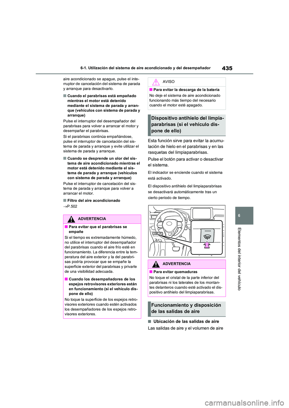 TOYOTA RAV4 2022  Manual del propietario (in Spanish) 435
6 
6-1. Utilización del sistema de aire acondicionado y del desempañador
Elementos del interior del vehículo
aire acondicionado se apague, pulse el inte- rruptor de cancelación del sistema de 