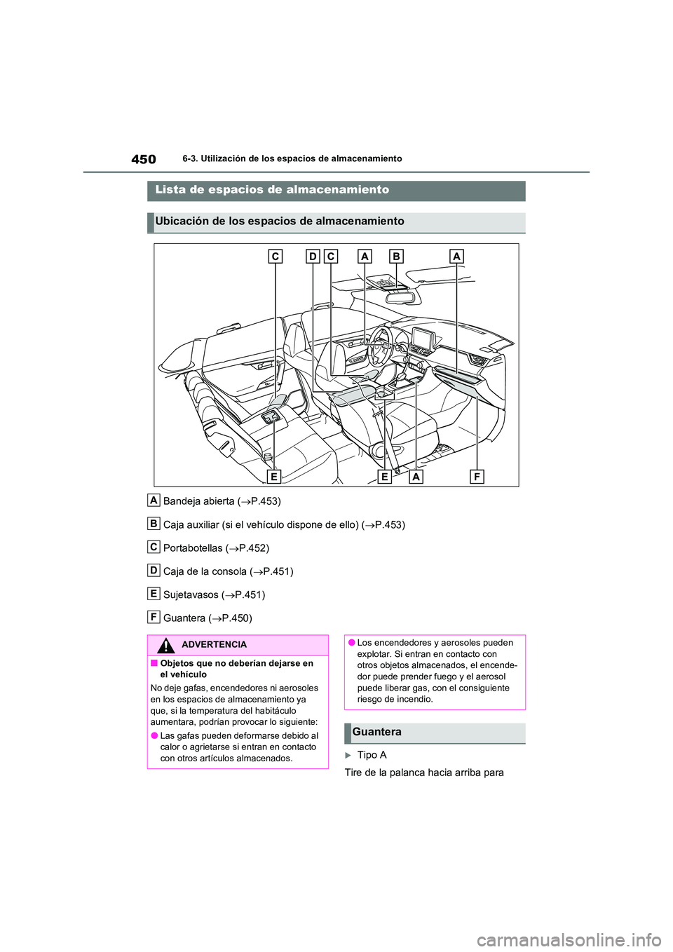TOYOTA RAV4 2022  Manual del propietario (in Spanish) 4506-3. Utilización de los espacios de almacenamiento
6-3.Utiliz ación de lo s espac io s d e almac enamiento
Bandeja abierta (P.453) 
Caja auxiliar (si el vehículo dispone de ello) ( P.453) 