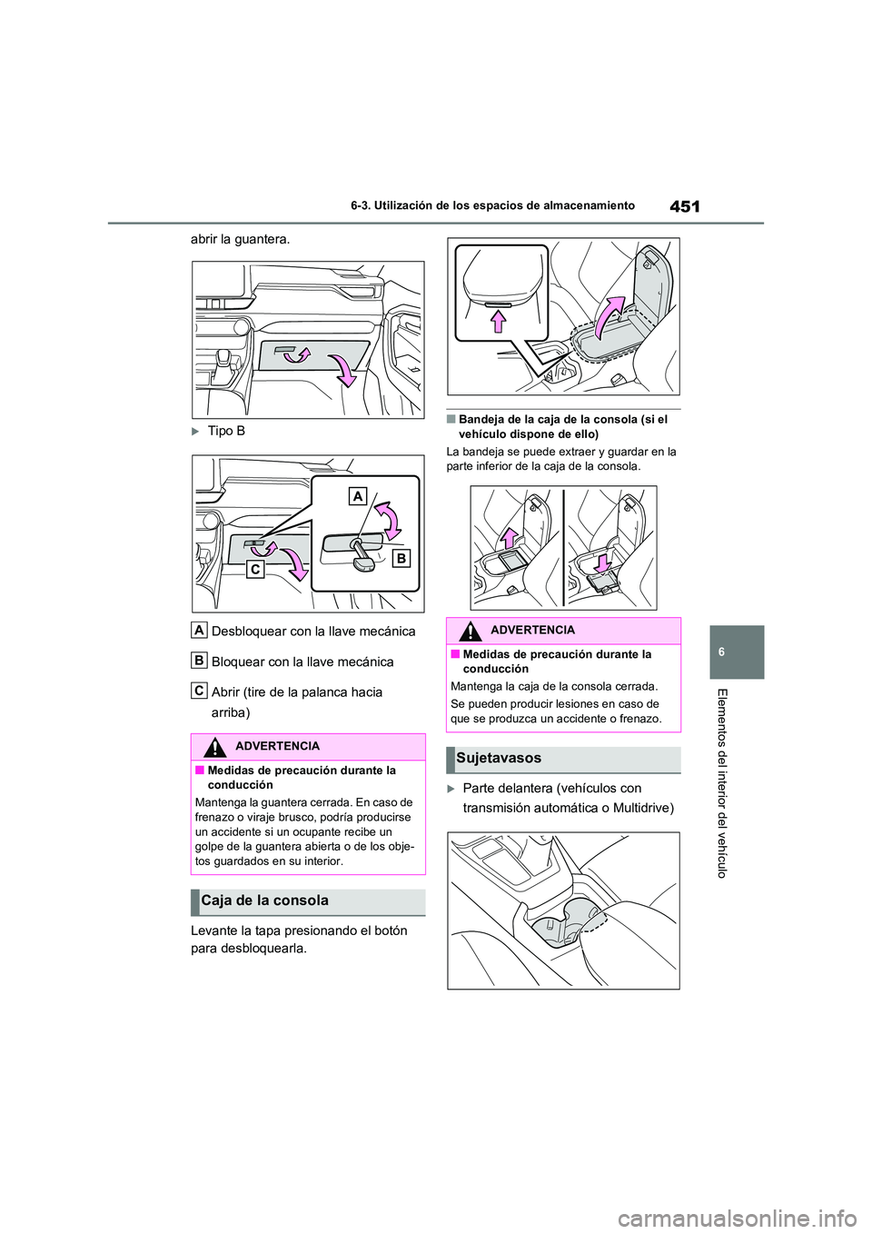 TOYOTA RAV4 2022  Manual del propietario (in Spanish) 451
6 
6-3. Utilización de los espacios de almacenamiento
Elementos del interior del vehículo
abrir la guantera.
Tipo B 
Desbloquear con la llave mecánica 
Bloquear con la llave mecánica 
Abrir