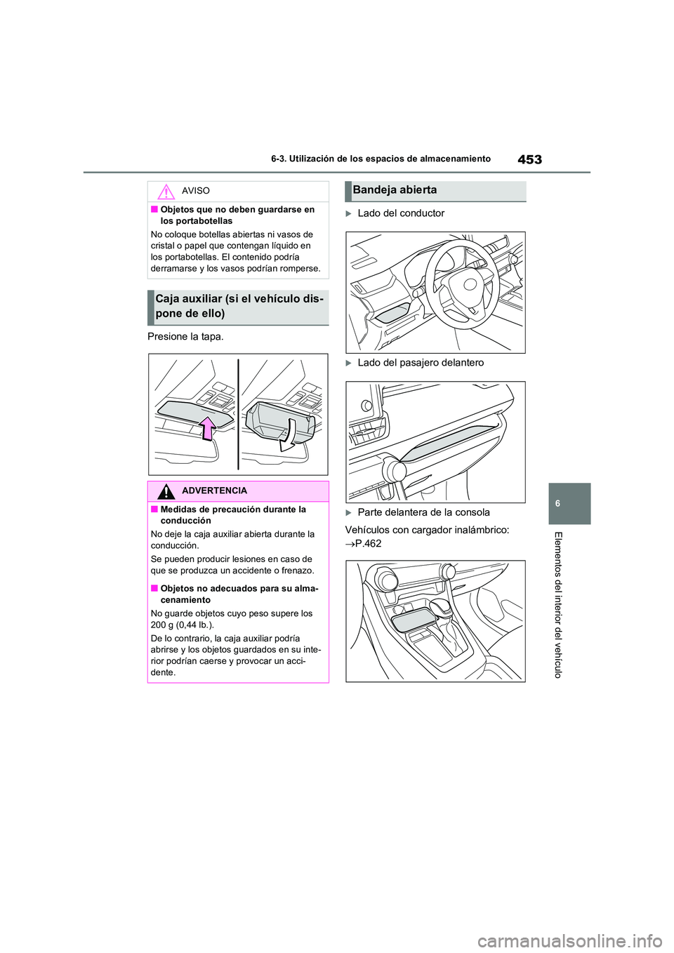 TOYOTA RAV4 2022  Manual del propietario (in Spanish) 453
6 
6-3. Utilización de los espacios de almacenamiento
Elementos del interior del vehículo
Presione la tapa.
Lado del conductor
Lado del pasajero delantero
Parte delantera de la consola 