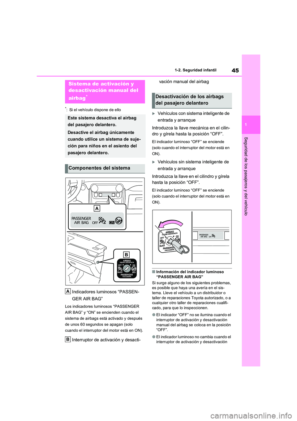 TOYOTA RAV4 2022  Manual del propietario (in Spanish) 45
1 
1-2. Seguridad infantil
Seguridad de los pasajeros y del vehículo
1-2.Segu ridad infa ntil
*: Si el vehículo dispone de ello
Indicadores luminosos “PASSEN- 
GER AIR BAG”
Los indicadores lu