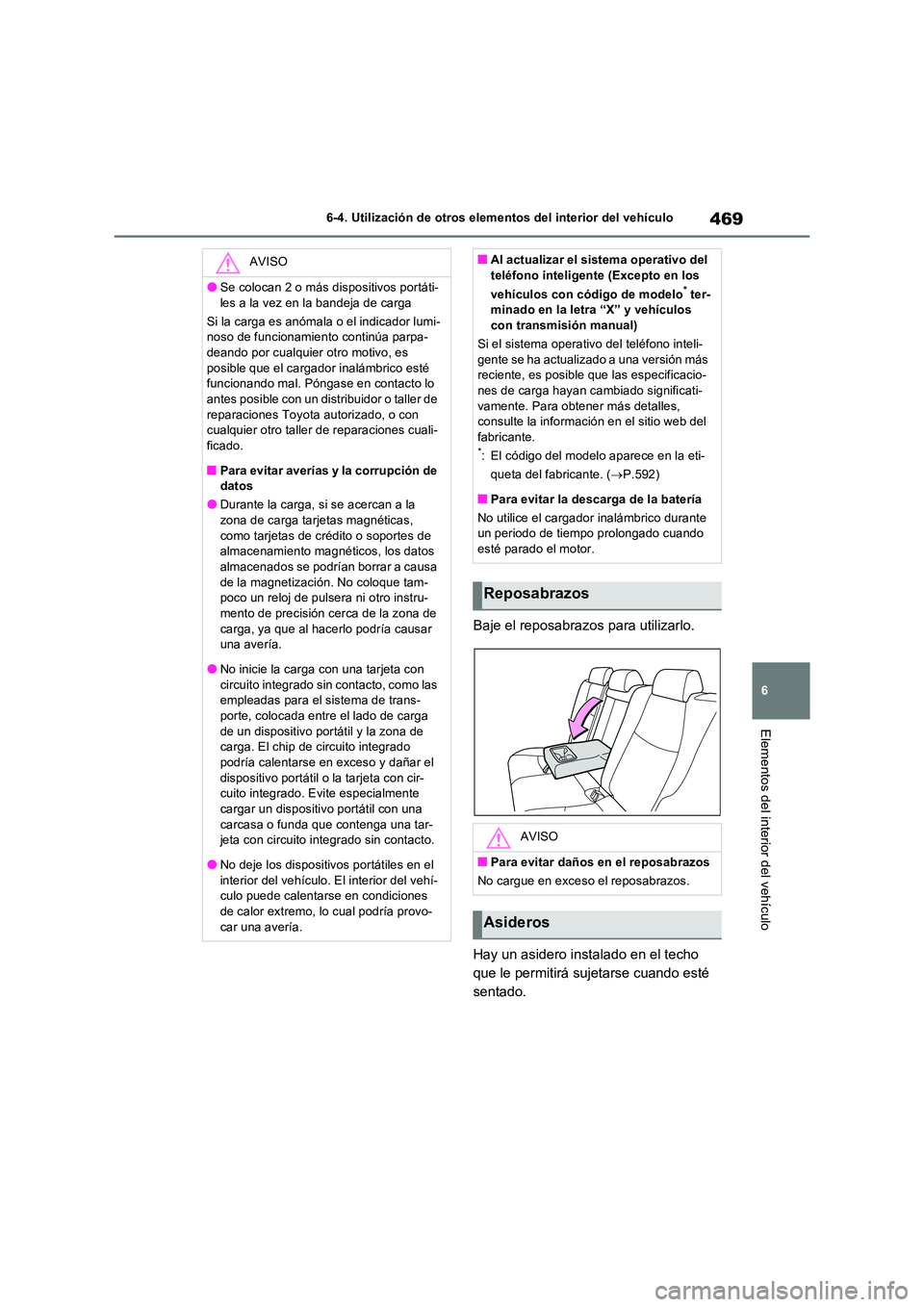 TOYOTA RAV4 2022 Manual del propietario (in Spanish) 469
6
6-4. Utilización de otros elementos del interior del vehículo
Elementos del interior del vehículo
Baje el reposabrazos para utilizarlo.
Hay un asidero instalado en el techo
que le permiti TOYOTA RAV4 2022 Manual del propietario (in Spanish) 469
6
6-4. Utilización de otros elementos del interior del vehículo
Elementos del interior del vehículo
Baje el reposabrazos para utilizarlo.
Hay un asidero instalado en el techo
que le permiti