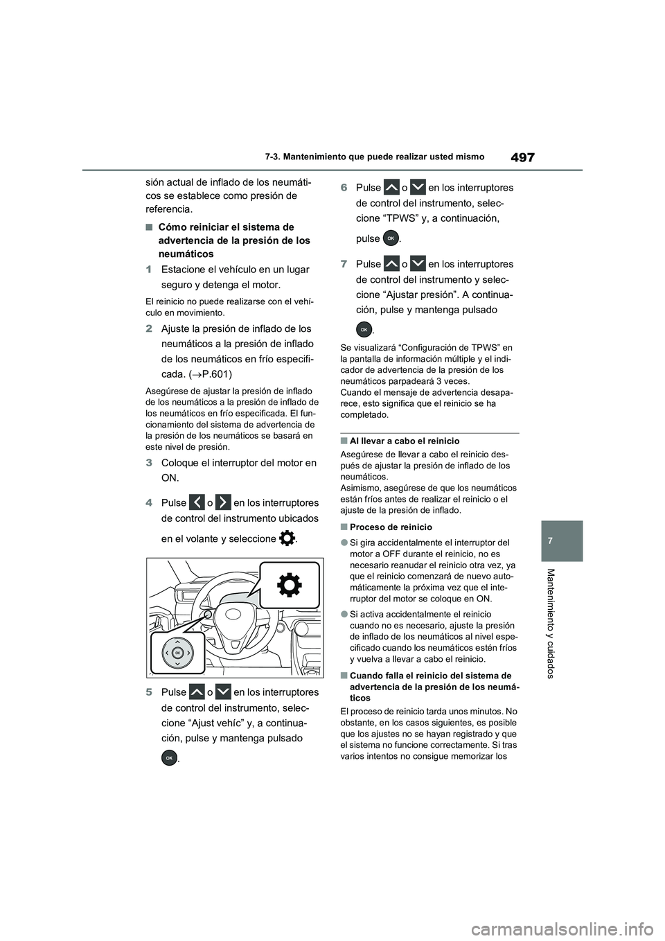 TOYOTA RAV4 2022  Manual del propietario (in Spanish) 497
7 7-3. Mantenimiento que puede realizar usted mismo
Mantenimiento y cuidados
sión actual de inflado de los neumáti-
cos se establece como presión de 
referencia.
�QCómo reiniciar el sistema de