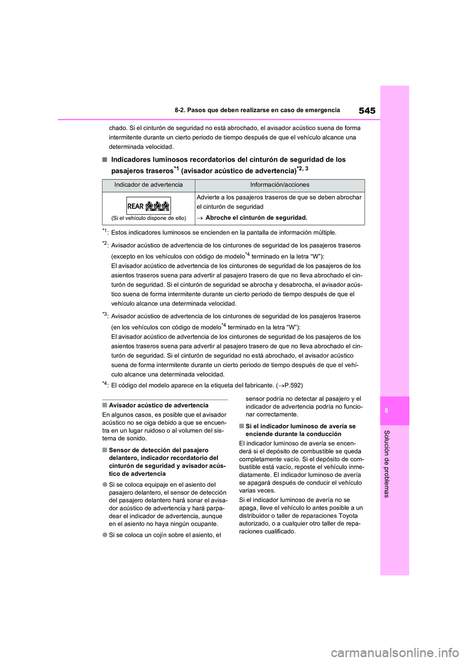 TOYOTA RAV4 2022  Manual del propietario (in Spanish) 545
8 
8-2. Pasos que deben realizarse en caso de emergencia
Solución de problemas
chado. Si el cinturón de seguridad no está abroc hado, el avisador acústico suena de forma  
intermitente durante