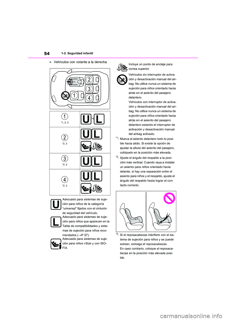 TOYOTA RAV4 2022  Manual del propietario (in Spanish) 541-2. Seguridad infantil
Vehículos con volante a la derecha
*1: Mueva el asiento delantero todo lo posi- 
ble hacia atrás. Si existe la opción de 
ajustar la altura del asiento del pasajero, 
c