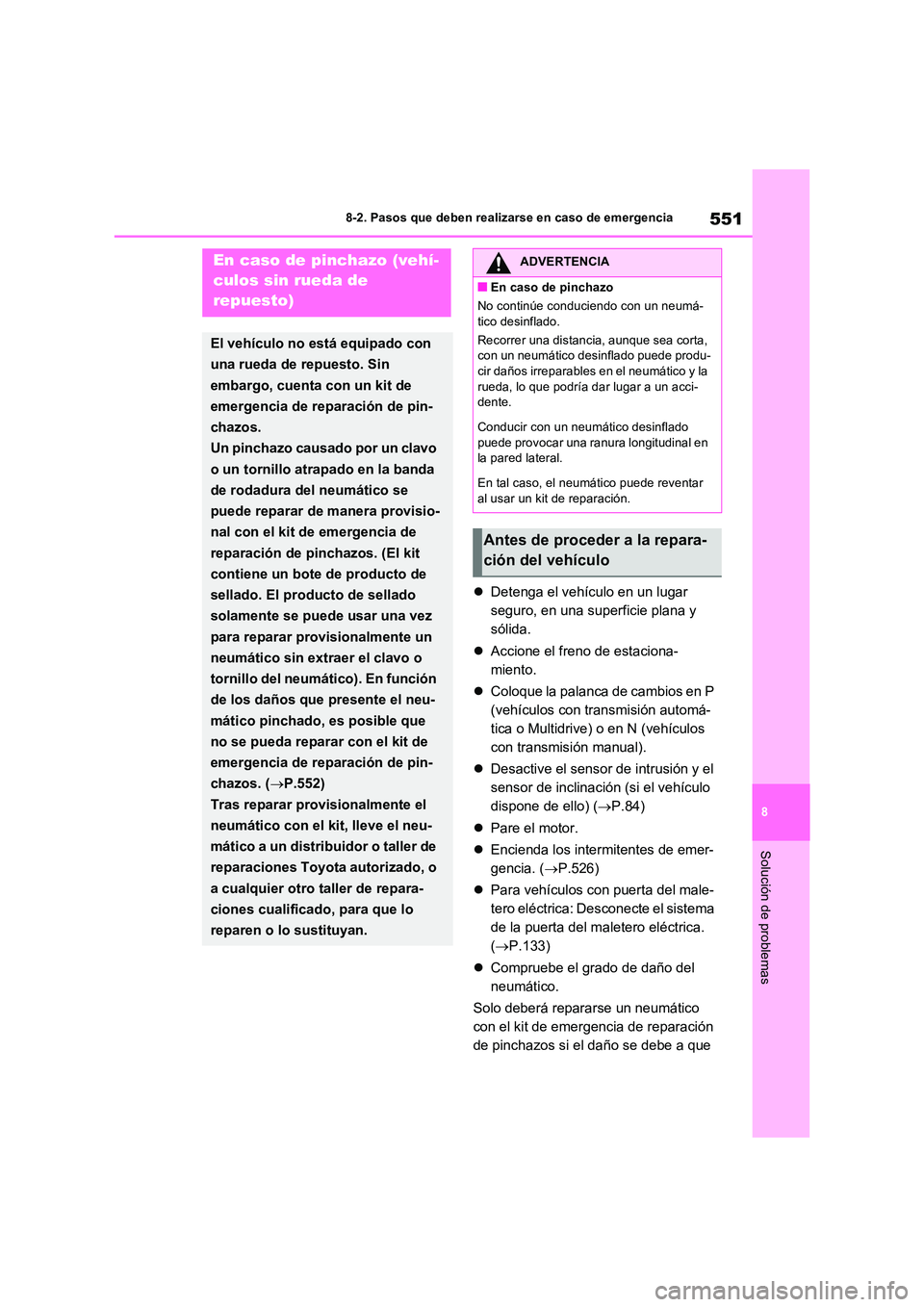 TOYOTA RAV4 2022  Manual del propietario (in Spanish) 551
8 
8-2. Pasos que deben realizarse en caso de emergencia
Solución de problemas
 Detenga el vehículo en un lugar  
seguro, en una superficie plana y 
sólida. 
 Accione el freno de estacion