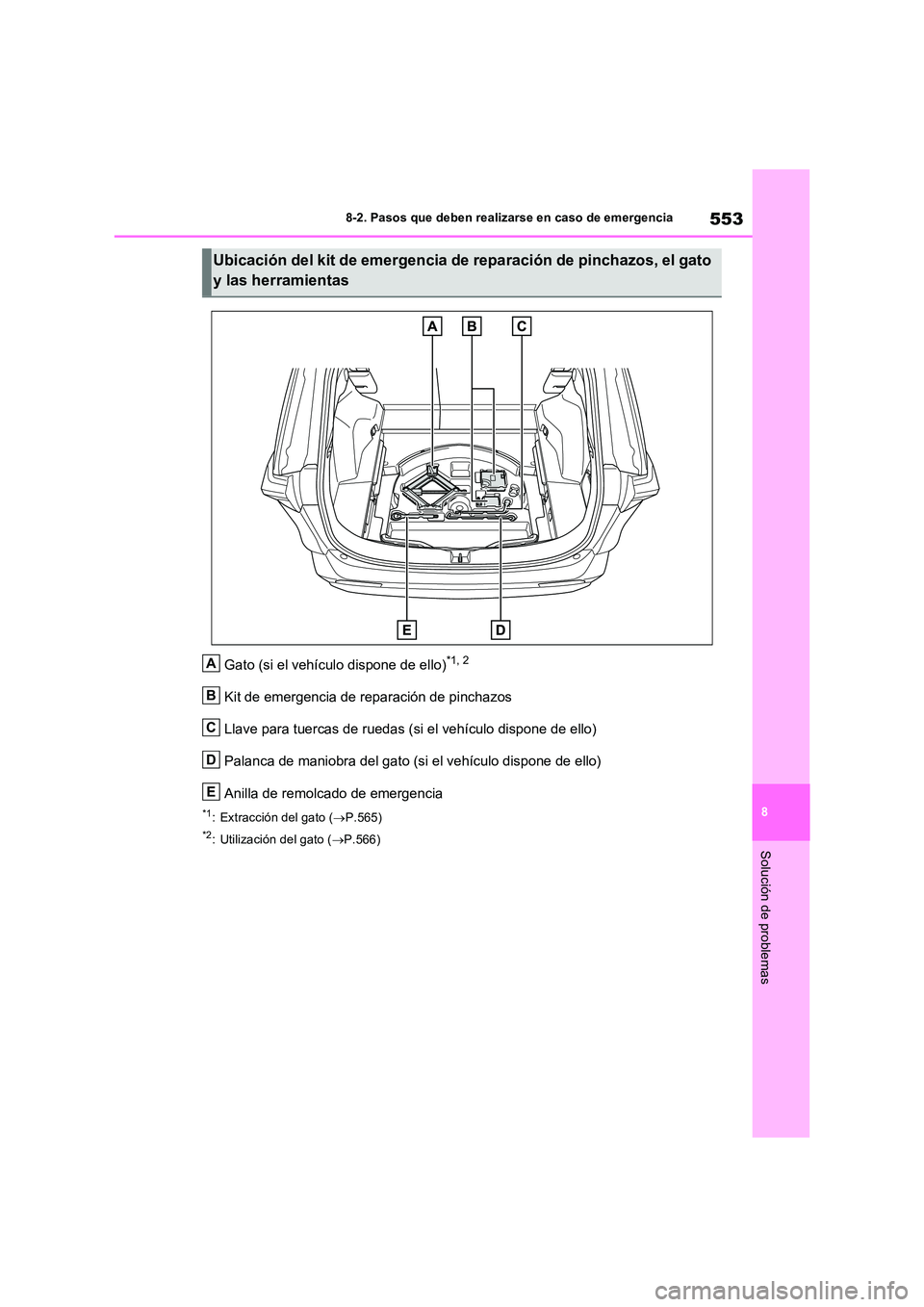 TOYOTA RAV4 2022  Manual del propietario (in Spanish) 553
8 
8-2. Pasos que deben realizarse en caso de emergencia
Solución de problemas
Gato (si el vehículo dispone de ello)*1, 2
Kit de emergencia de reparación de pinchazos 
Llave para tuercas de rue