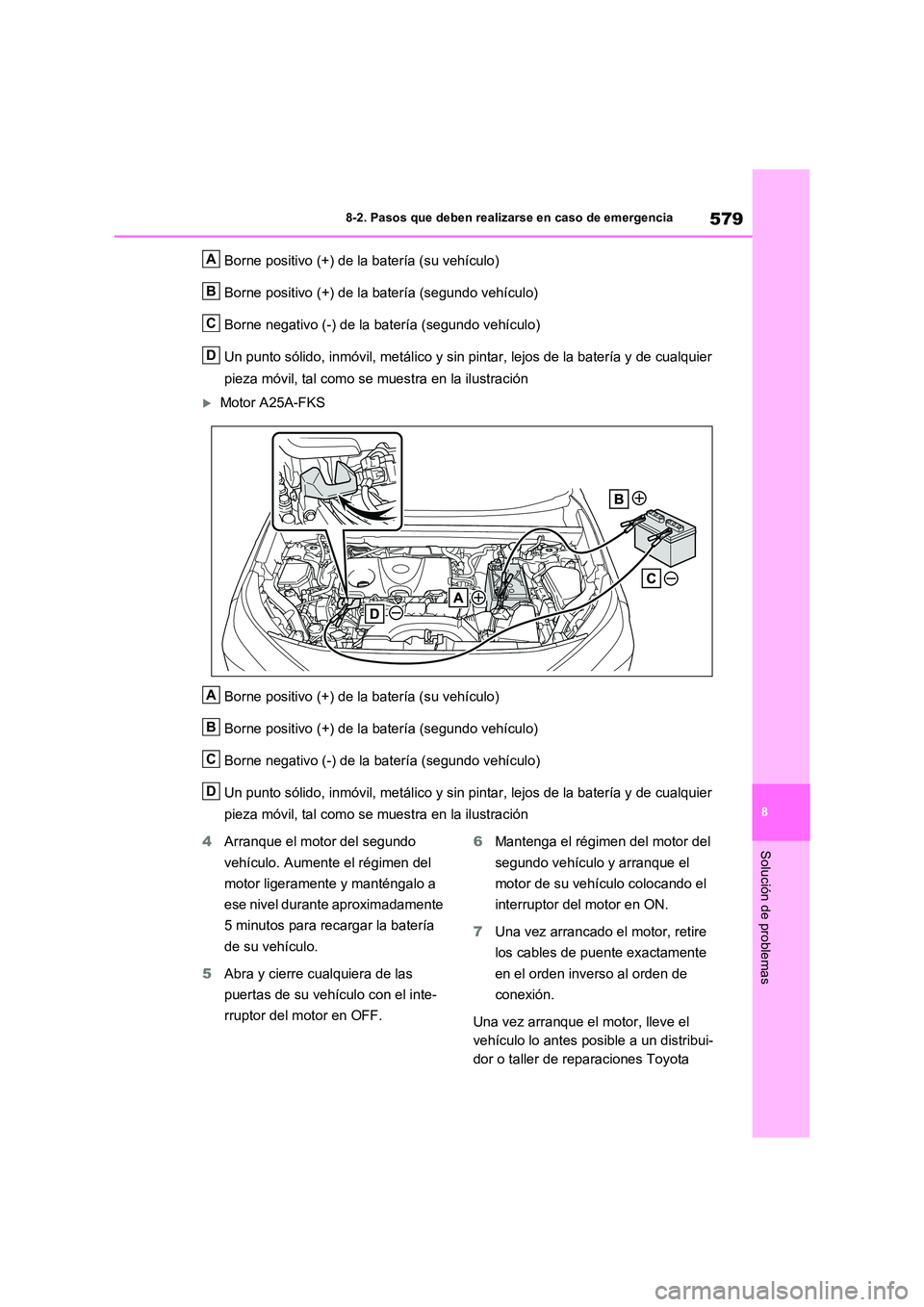 TOYOTA RAV4 2022  Manual del propietario (in Spanish) 579
8 
8-2. Pasos que deben realizarse en caso de emergencia
Solución de problemas
Borne positivo (+) de la batería (su vehículo) 
Borne positivo (+) de la batería (segundo vehículo) 
Borne negat
