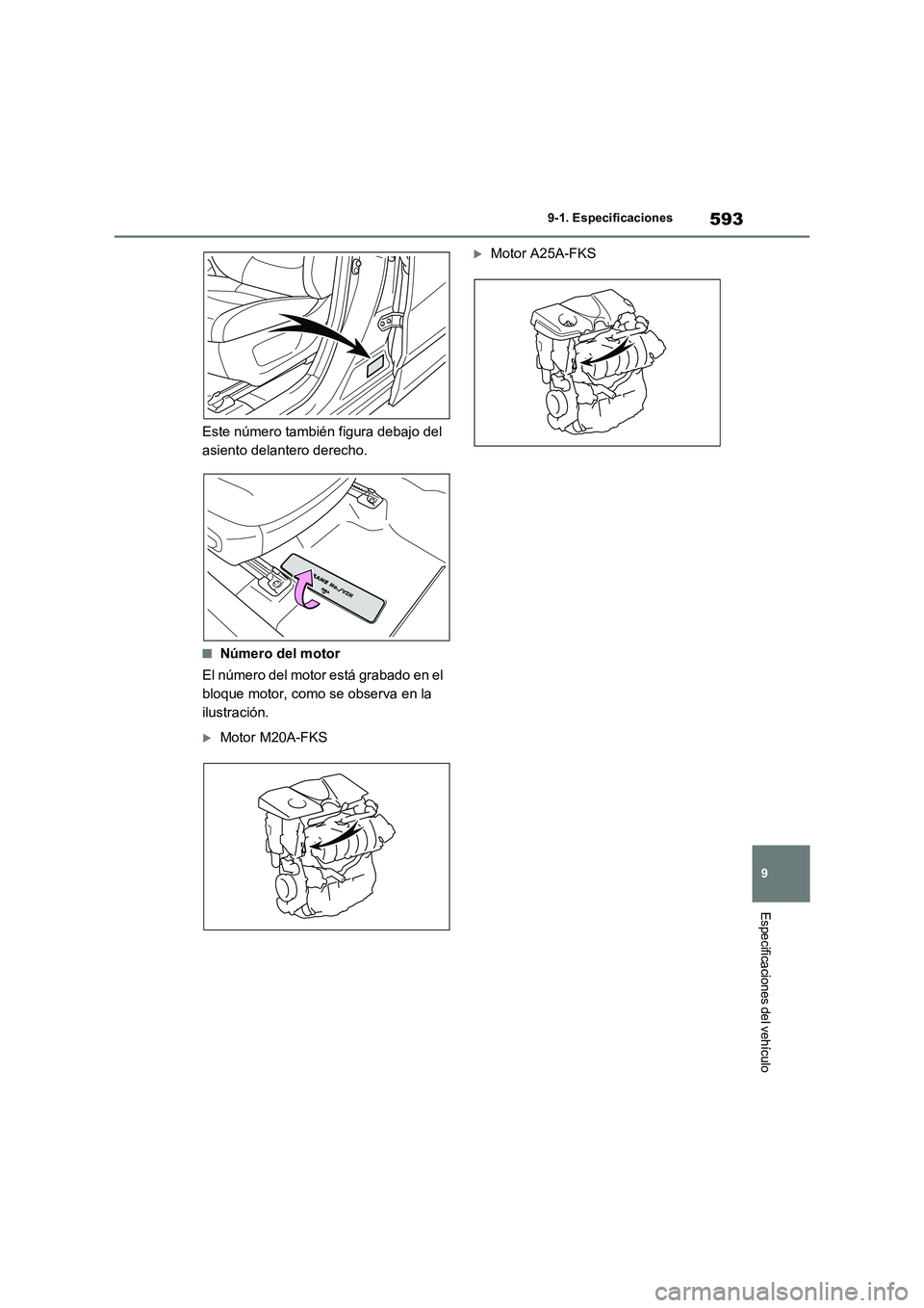 TOYOTA RAV4 2022  Manual del propietario (in Spanish) 593
9 
9-1. Especificaciones
Especificaciones del vehículo
Este número también figura debajo del  
asiento delantero derecho.
�QNúmero del motor 
El número del motor está grabado en el  
bloque 