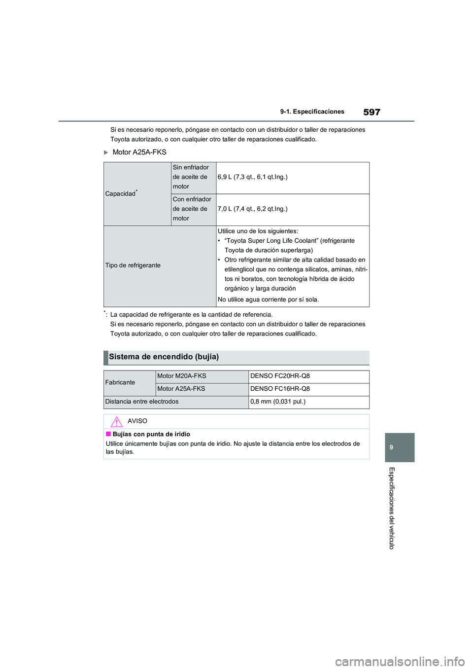 TOYOTA RAV4 2022  Manual del propietario (in Spanish) 597
9 
9-1. Especificaciones
Especificaciones del vehículo
Si es necesario reponerlo, póngase en contacto  con un distribuidor o taller de reparaciones  
Toyota autorizado, o con cualquier ot ro tal