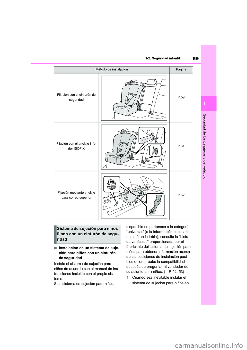 TOYOTA RAV4 2022  Manual del propietario (in Spanish) 59
1 
1-2. Seguridad infantil
Seguridad de los pasajeros y del vehículo
�QInstalación de un sistema de suje- 
ción para niños con un cinturón 
de seguridad 
Instale el sistema de sujeción para  