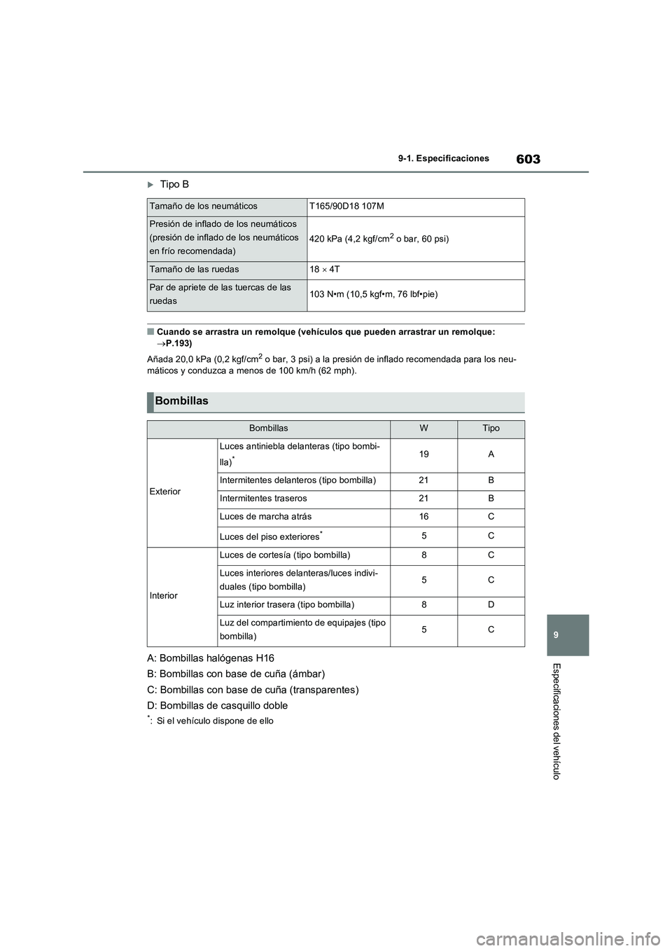 TOYOTA RAV4 2022  Manual del propietario (in Spanish) 603
9 9-1. Especificaciones
Especificaciones del vehículo
Tipo B
�QCuando se arrastra un remolque (vehículos que pueden arrastrar un remolque: 
P.193)
Añada 20,0 kPa (0,2 kgf/cm
2 o bar, 3 ps