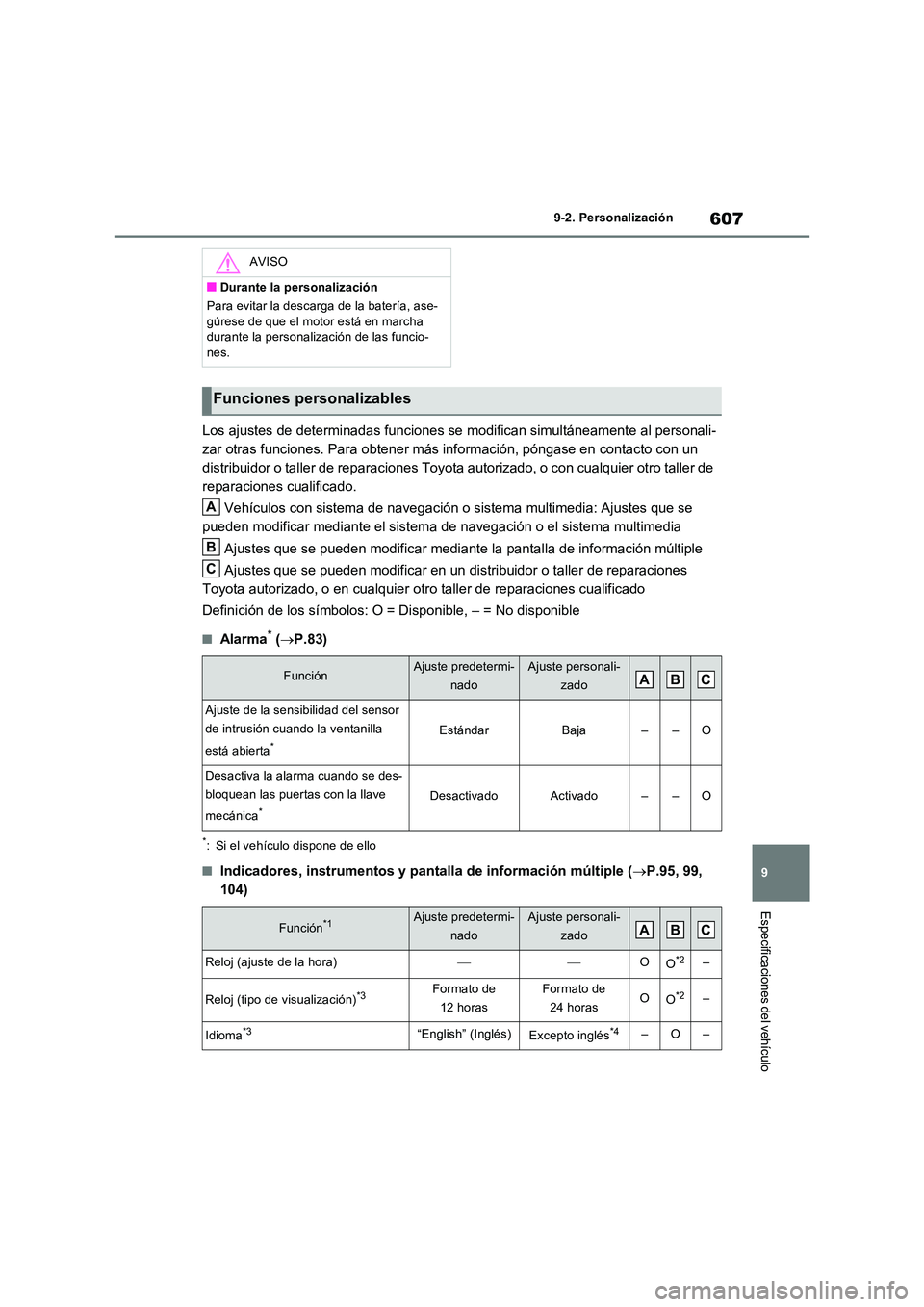 TOYOTA RAV4 2022  Manual del propietario (in Spanish) 607
9 
9-2. Personalización
Especificaciones del vehículo
Los ajustes de determinadas funciones se modifican simultáneamente al personali- 
zar otras funciones. Para obtener más información, pón