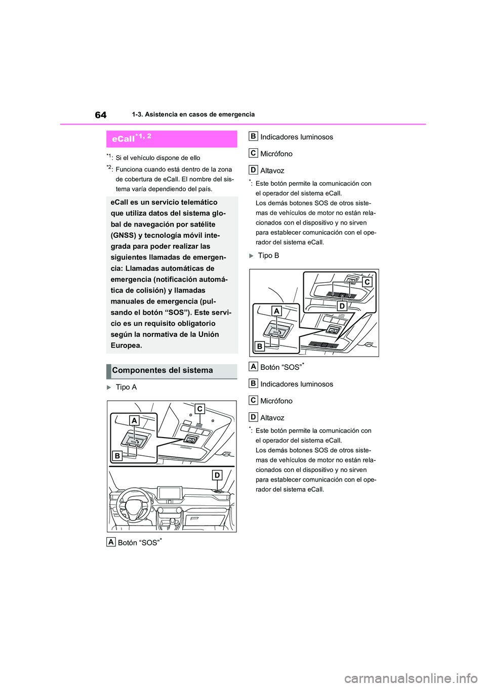 TOYOTA RAV4 2022  Manual del propietario (in Spanish) 641-3. Asistencia en casos de emergencia
1-3.Asistencia en cas os de emergencia
*1: Si el vehículo dispone de ello
*2: Funciona cuando está dentro de la zona  
de cobertura de eCall. El nombre del s