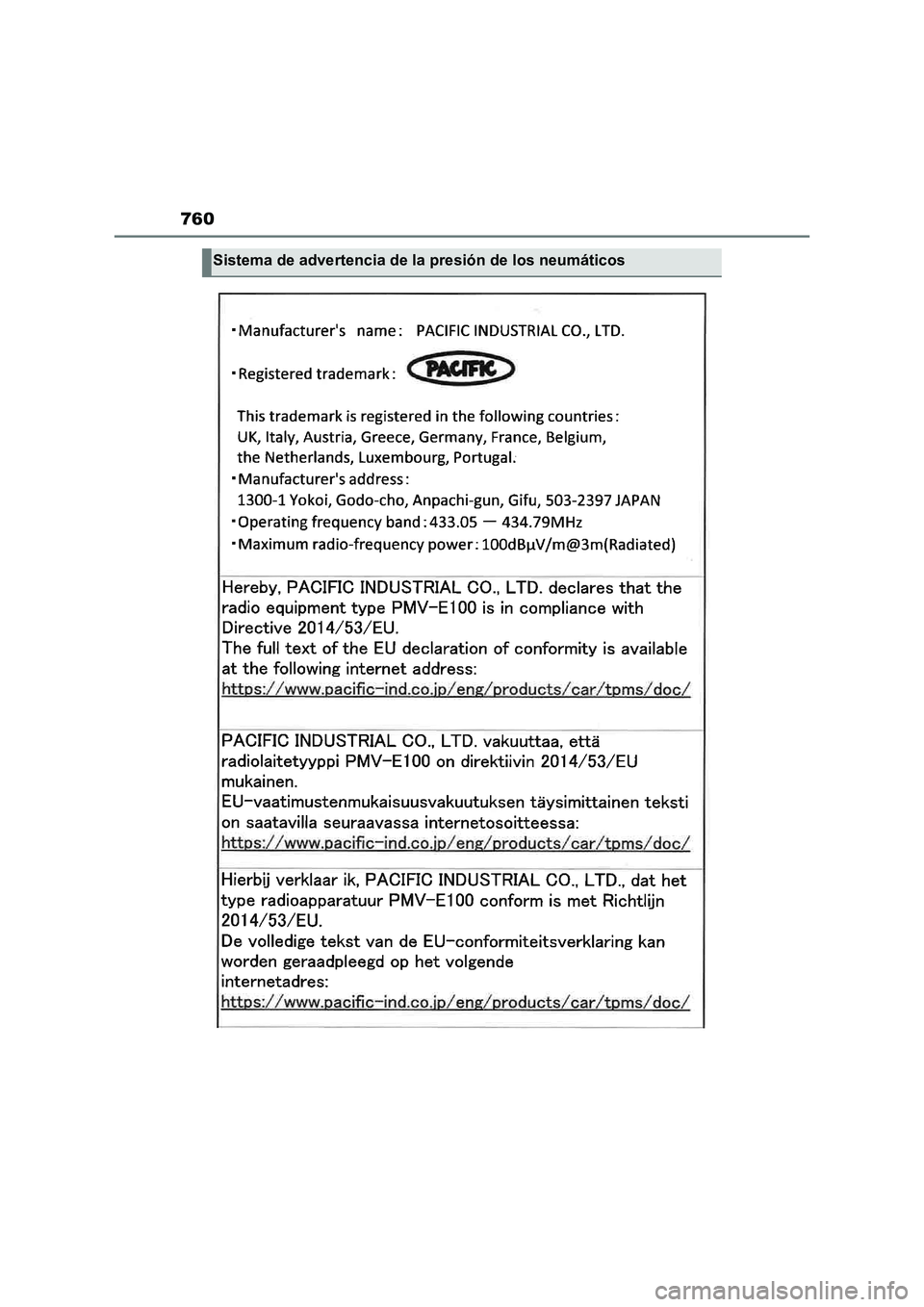 TOYOTA RAV4 2022  Manual del propietario (in Spanish) 760
Sistema de advertencia de la presión de los neumáticos 