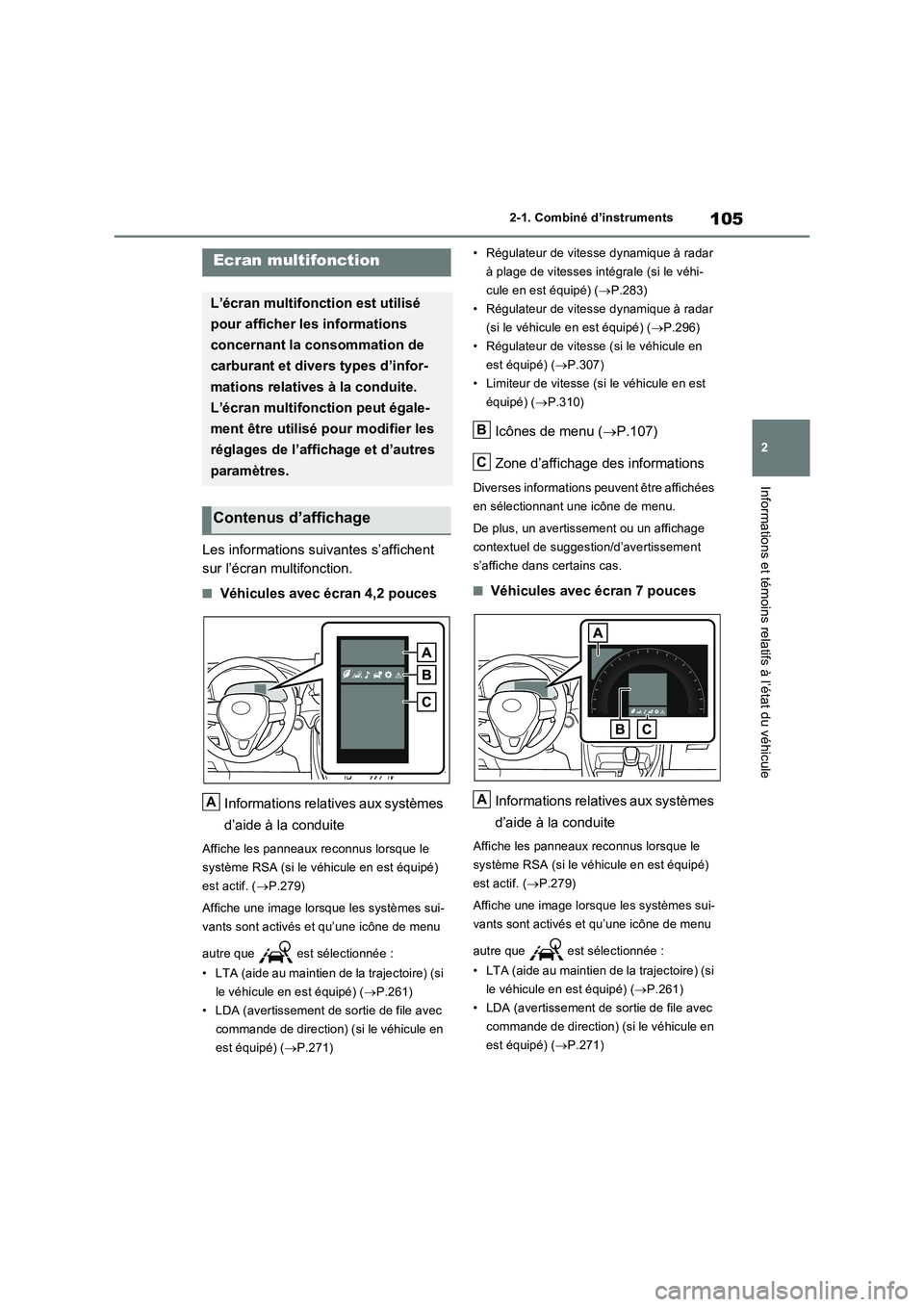 TOYOTA RAV4 2022  Manuel du propriétaire (in French) 105
2 
2-1. Combiné d’instruments
Informations et témoins relatifs à l’état du véhicule
Les informations suivantes s’affichent  
sur l’écran multifonction.
�QVéhicules avec écran 4,2 p