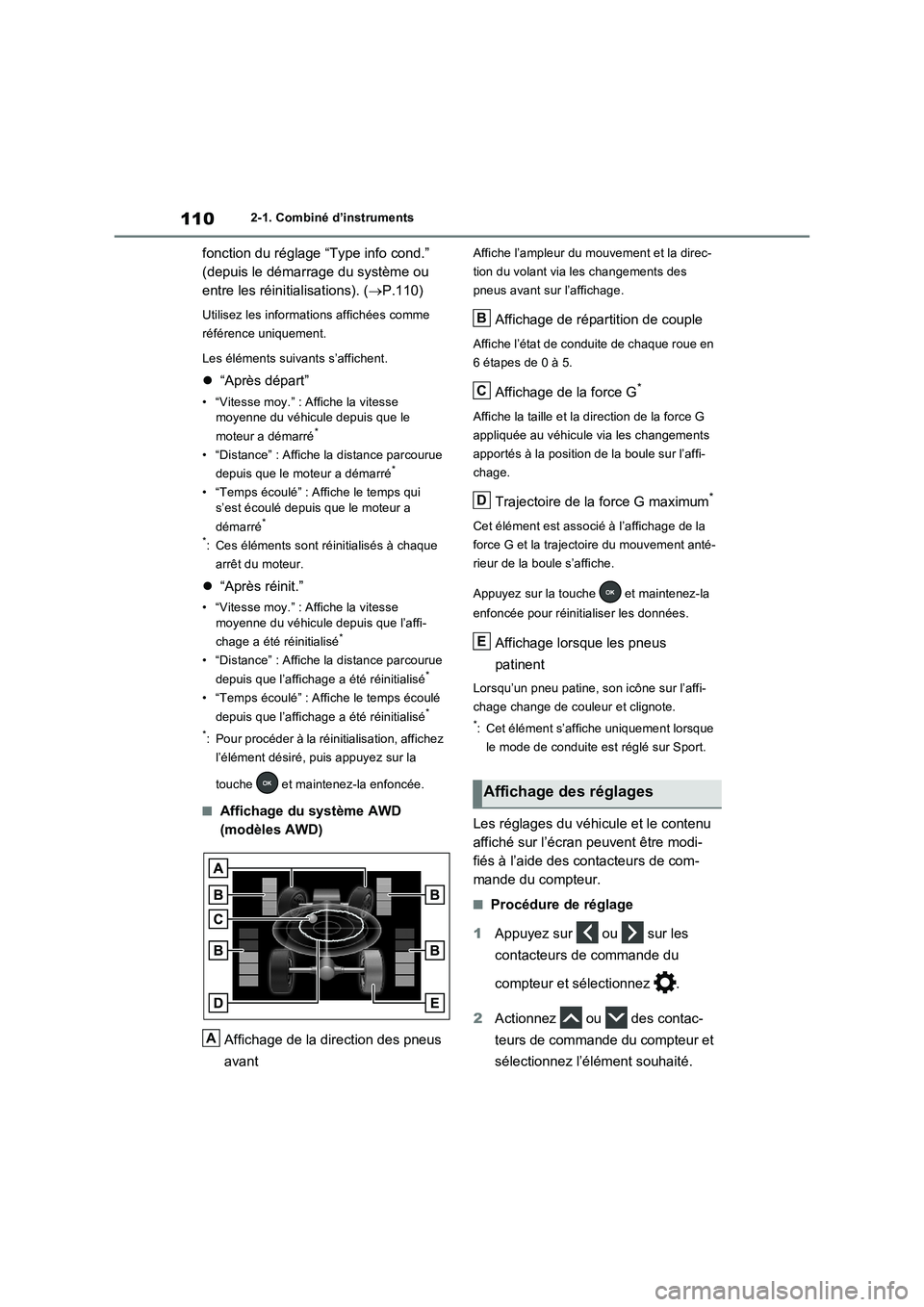 TOYOTA RAV4 2022  Manuel du propriétaire (in French) 1102-1. Combiné d’instruments
fonction du réglage “Type info cond.” 
(depuis le démarrage du système ou 
entre les réinitialisations). (P.110)
Utilisez les informations affichées comme 