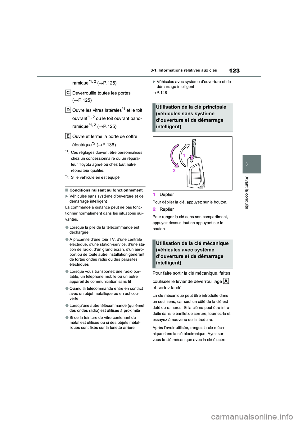 TOYOTA RAV4 2022 Manuel du propriétaire (in French) 123
3
3-1. Informations relatives aux clés
Avant la conduite
ramique*1, 2 ( P.125)
Déverrouille toutes les portes
( P.125)
Ouvre les vitres latérales*1 et le toit
ouvrant*1, 2 ou le to TOYOTA RAV4 2022 Manuel du propriétaire (in French) 123
3
3-1. Informations relatives aux clés
Avant la conduite
ramique*1, 2 ( P.125)
Déverrouille toutes les portes
( P.125)
Ouvre les vitres latérales*1 et le toit
ouvrant*1, 2 ou le to