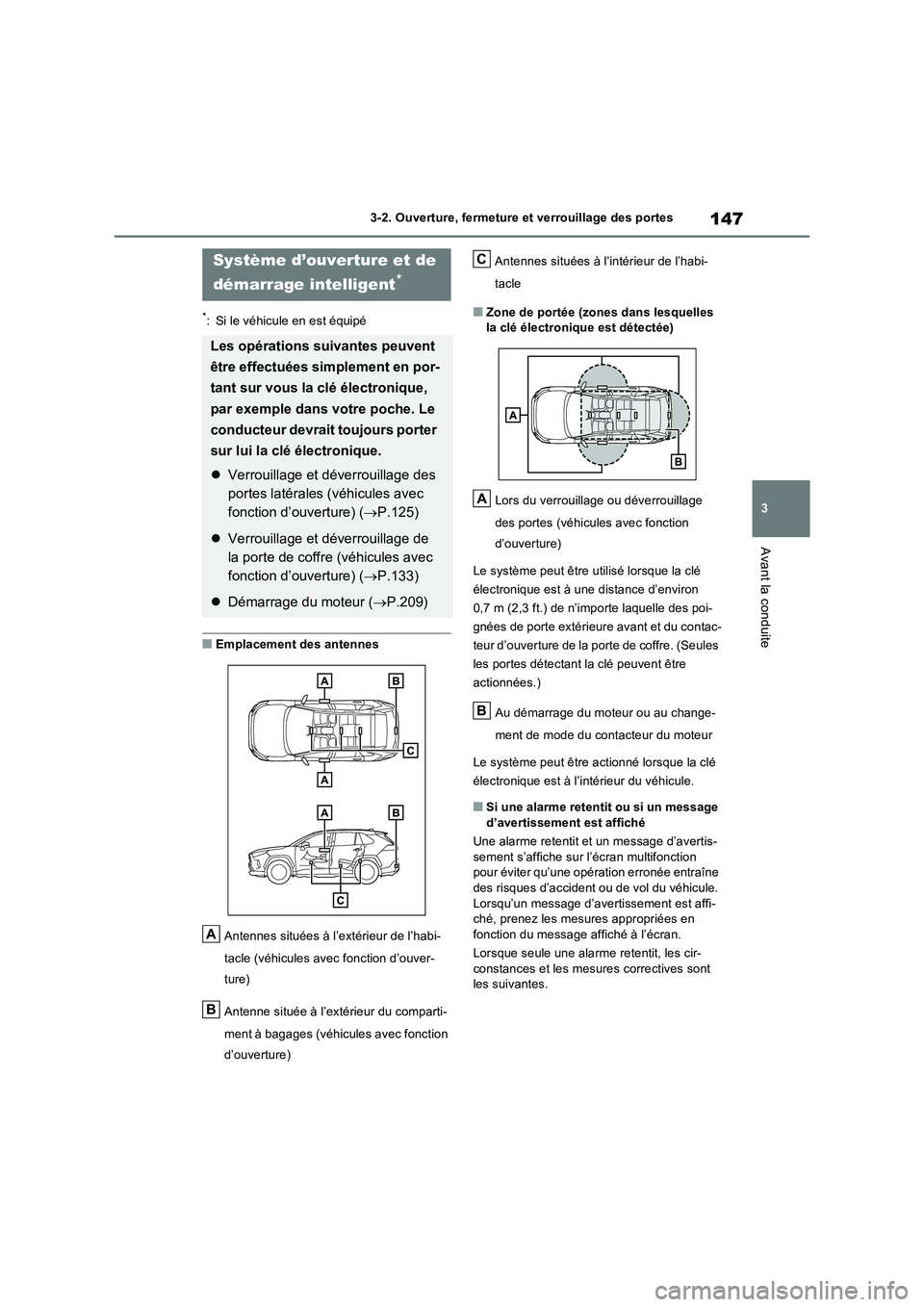 TOYOTA RAV4 2022  Manuel du propriétaire (in French) 147
3 
3-2. Ouverture, fermeture et verrouillage des portes
Avant la conduite
*: Si le véhicule en est équipé
�QEmplacement des antennes 
Antennes situées à l’extérieur de l’habi- 
tacle (v
