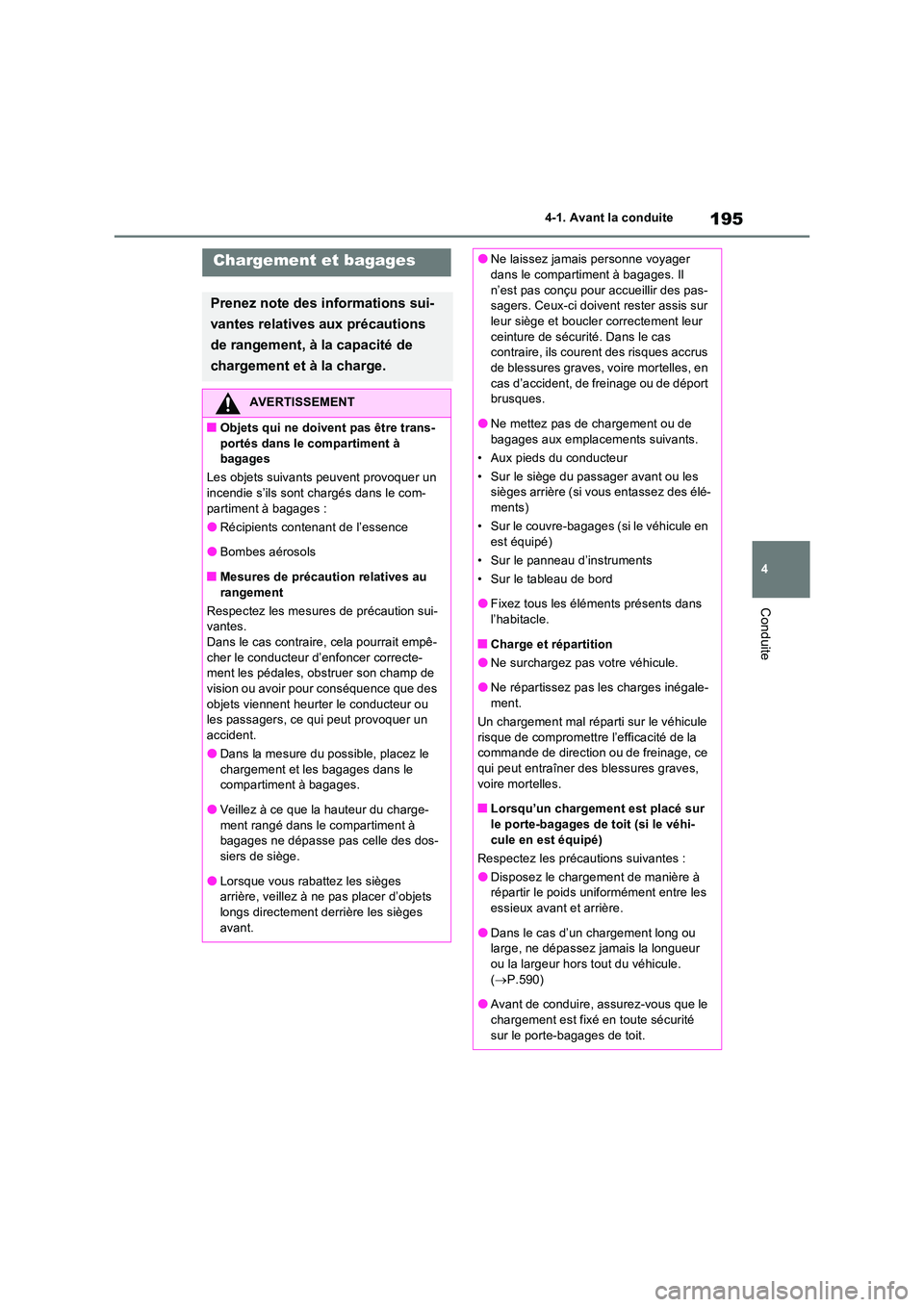 TOYOTA RAV4 2022  Manuel du propriétaire (in French) 195
4 
4-1. Avant la conduite
Conduite
Chargement et bagages
Prenez note des informations sui- 
vantes relatives aux précautions  
de rangement, à la capacité de  
chargement et à la charge.
AVERT