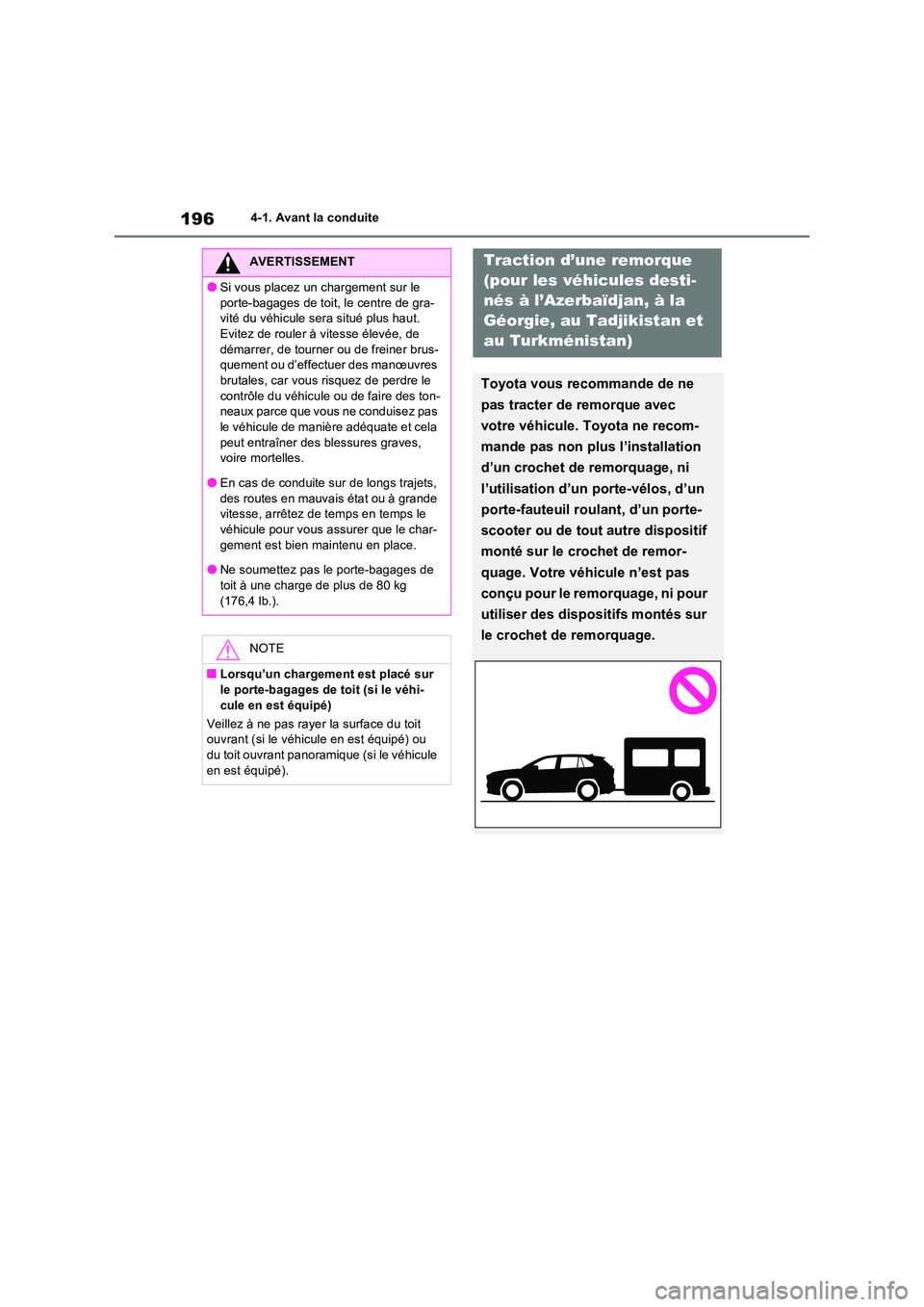 TOYOTA RAV4 2022  Manuel du propriétaire (in French) 1964-1. Avant la conduite
AVERTISSEMENT
�OSi vous placez un chargement sur le  
porte-bagages de toit, le centre de gra- vité du véhicule sera situé plus haut. Evitez de rouler à vitesse élevée,