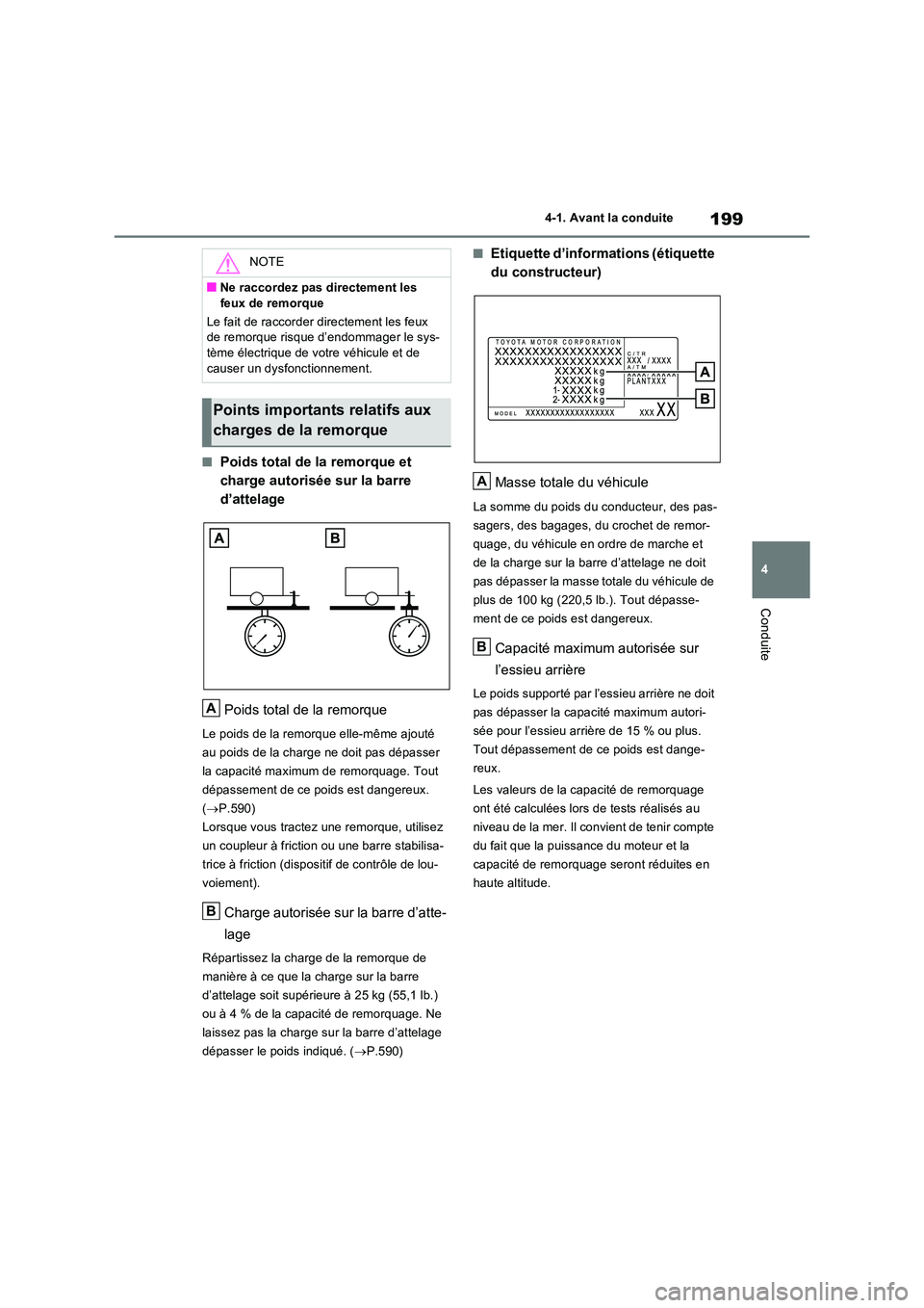 TOYOTA RAV4 2022  Manuel du propriétaire (in French) 199
4 
4-1. Avant la conduite
Conduite
�QPoids total de la remorque et  
charge autorisée sur la barre 
d’attelage 
Poids total de la remorque
Le poids de la remorque elle-même ajouté  
au poids 